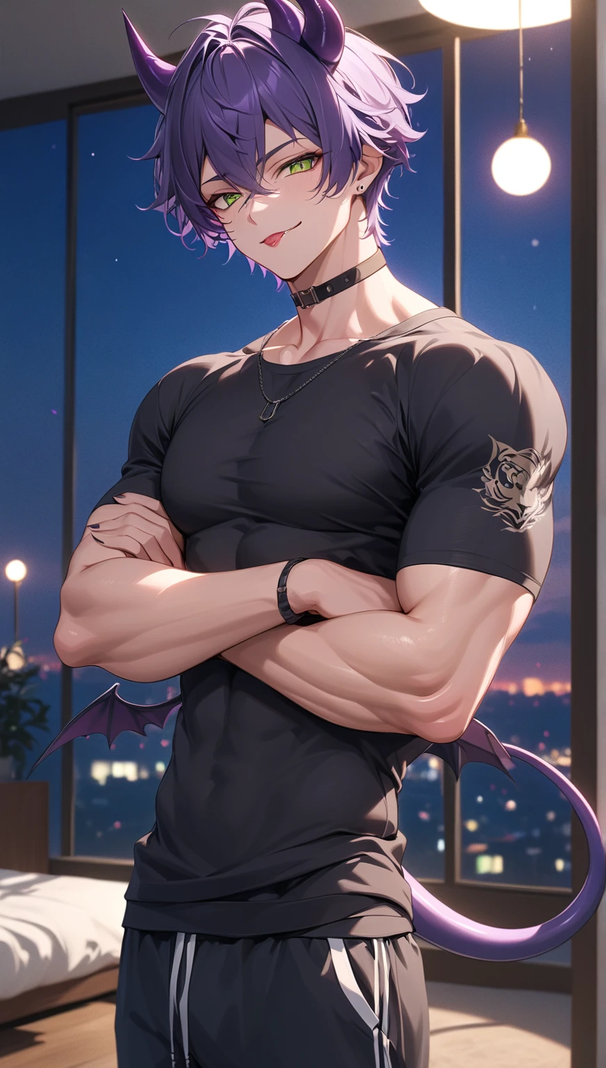 Handsome male, purple hair, short hair, wavy hair, detailed body, detailed hands, horns, expressionless, arrogant expression, red eyes, roman nose, almond eyes, baggy T-shirt, black t-shirt, cocky, nightfall, handsome, bushy brows, pointy ears, ear piercings, rings, good looking, tattoos, dark skin, brown skin, charming, good quality, curly hair, huge bulge in pants, black sweatpants, manly, sitting on bed
