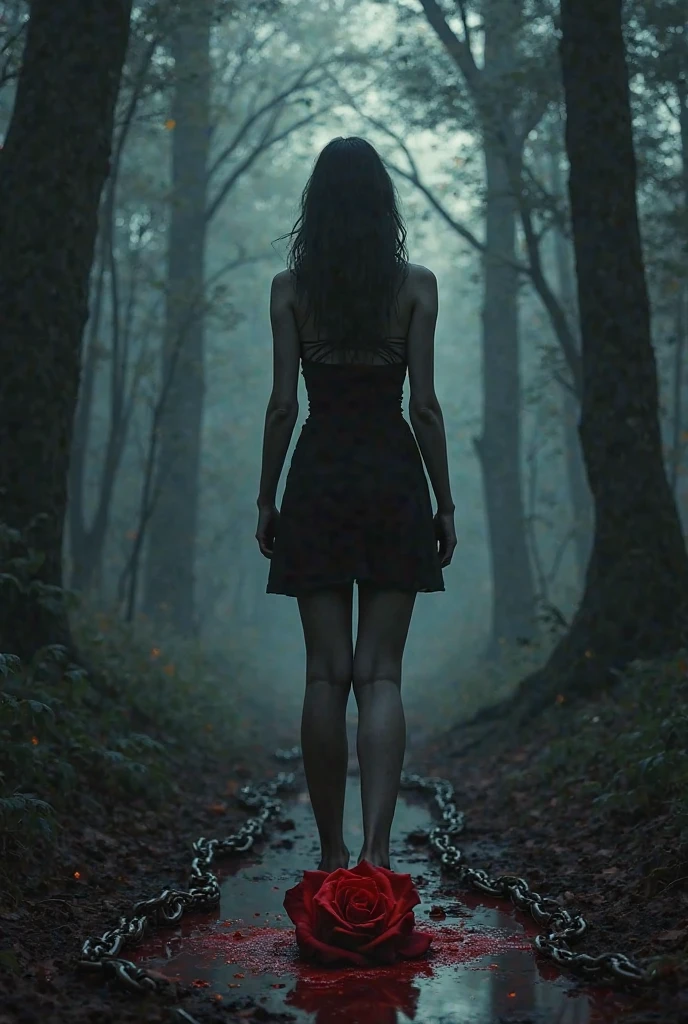 in short black dress, In a forest, dark environment, Dark, rain