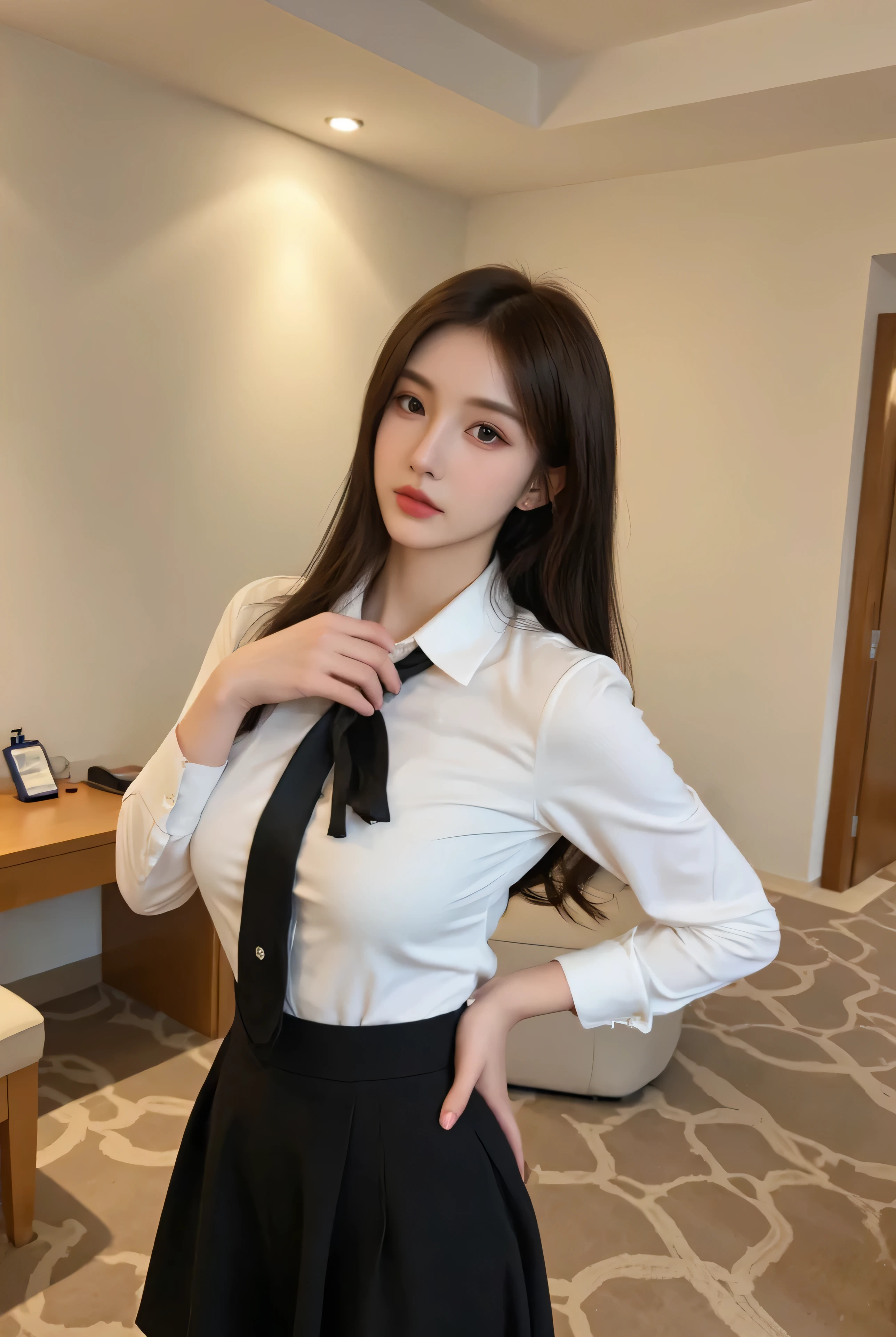 An elegant, upper-class, elite secretary in a business shirt, Working in the office、厳格なbusiness suitを着用する, Wearing pantyhose、Wear high-quality high heels、 Girl in a shirt, business suitを着用する, business suitを着用する, business suitを着て, Businesswoman, Business Attire, 黒のbusiness suitを着ている, Wear a shirt and skirt, business suitを着た女性, business suit, business attire, RAW Photos, (8k、highest quality、masterpiece:1.2)、(Intricate details:1.4)、(Photorealistic:1.4)、Octane Rendering、Complex 3D rendering with ultra-detail, Studio Soft Light, Rim Light, Vivid details, Super Detail, Realistic skin texture, Detailed aspect, Beautiful details in the eyes, Highly detailed CG Unity 16k wallpaper, compensate, (Detailed Background:1.2), Exposed thighs!!!,