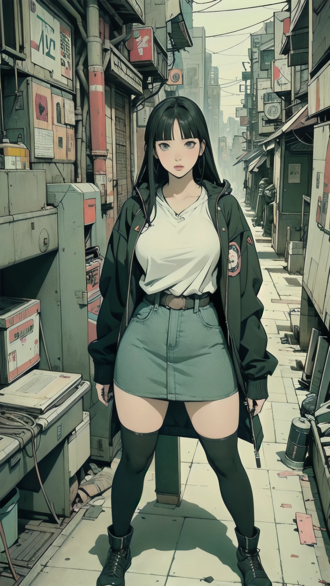 A woman wearing a miniskirt and jacket is taking pictures, highly revealing clothes, thick, Bewitching Anime Girl, (software) Watch Safe Workplace , Hinata Hyuga, boobs, boobs proportions, breasts covered and software, Female Anime Characters, boobs cyberpunk, Character in natural pose, Firls Frontline , Cyberpunk anime girl wearing a hoodie