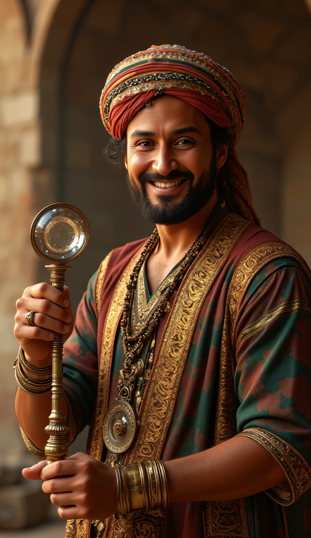 Camera Wide angle shot, Create a hyperrealistic digital artwork showcasing a smiling fullbody ancient Arabic lens maker from the Archaic medieval period. The scene should be set in a finely detailed magnifier lens workshop landscape, with the full body smiling arabic engineer holding up an ancient magnifying frame crystal lenses. Use a wide-angle camera perspective to capture the intricacies of the workshop. Focus on the engineer's handsome young Arabic face, seamlessly blending features reminiscent of Johnny Depp, Hugh Jackman, and Nicolas Cage. He should be dressed in a dynamic and colorful prehistoric Arab outfit, complete with a traditional turban. Ensure a well-balanced composition with ultra-realistic textures and depth, employing techniques like slow shutter speed and best aperture settings to enhance the photograph's quality. This artwork should convey a strong sense of ancient technology and creativity, aiming for a trend-worthy display on art platforms like CGSociety and DeviantArt.