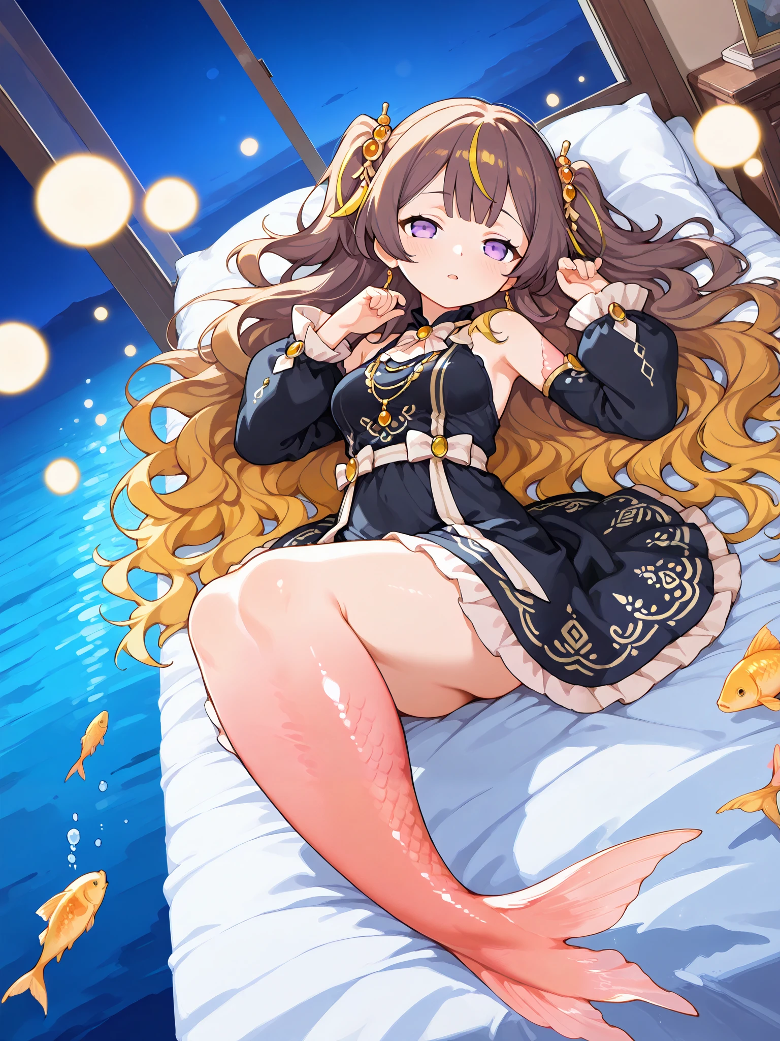score_9, score_8_up, score_7_up, score_6_up, score_5_up, score_4_up,
((legtf, a woman transforming into a mermaid)), barefoot, (anyamelfissa, 1girl, solo, long hair, bangs, blonde hair, brown hair, hair ornament, dress, bow, jewelry, very long hair, purple eyes, multicolored hair, detached sleeves, black dress, two side up, streaked hair, gradient hair, wavy hair), tiny, happy, cute, medium breasts, underwater, bedroom, fish, submerged, laying, on bed, on back, arms up, looking at viewer, half closed eyes, kiss, french kiss, shy, ocean, night, bokeh effects, dynamic pose, dynamic angle, hdr, low contrast, (pastel colors)
masterpiece, best quality, absurdres, masterpiece, highres, perfect anatomy, anime style, anime screenshot, 8k wallpaper, ultra high quality, (extremely detailed cg), perfect lighting, (sharp image), dynamic angle,