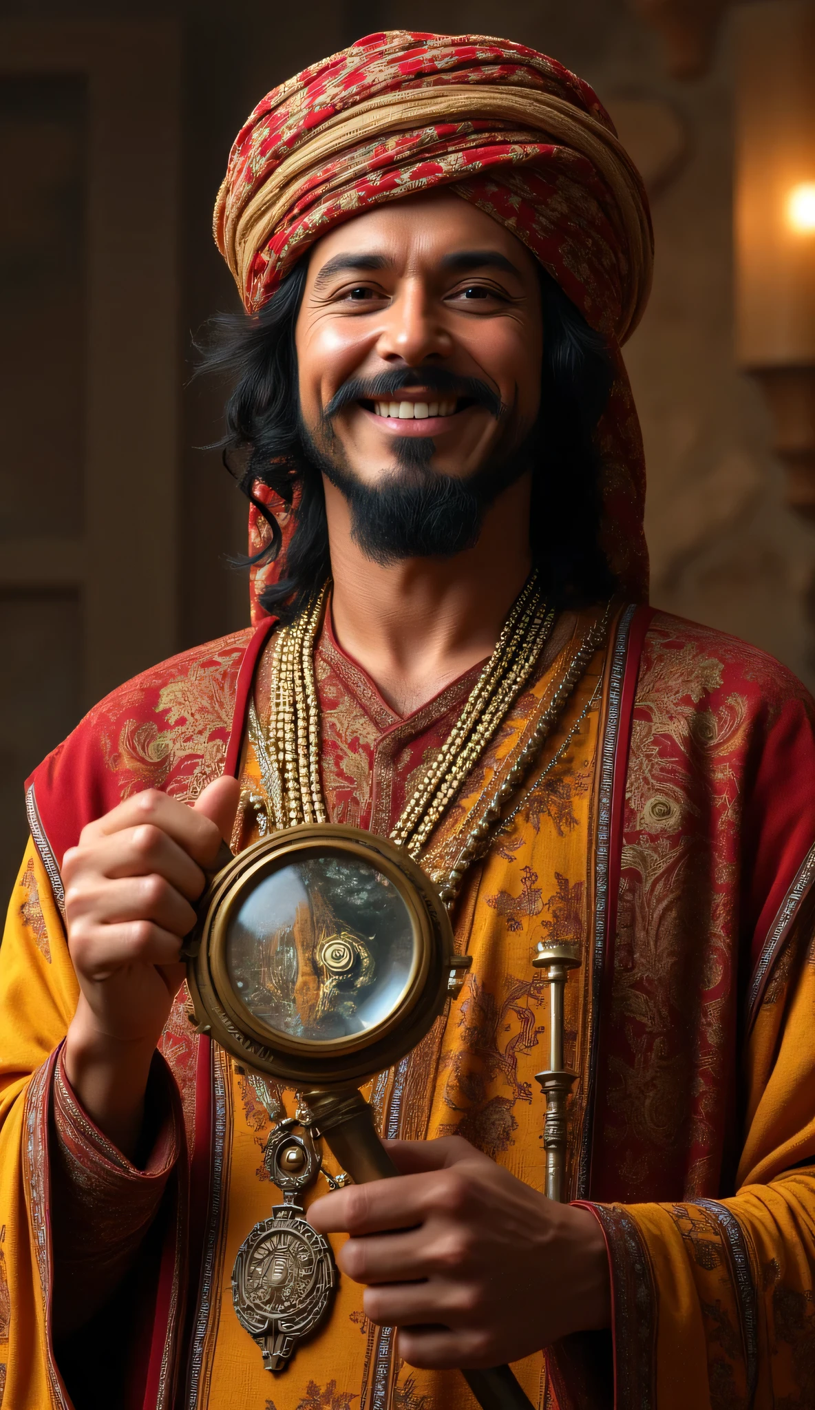 Camera Wide angle shot, Create a hyperrealistic digital artwork showcasing an ancient Arabic engineer from the Archaic medieval period landscape. The scene should be set in a finely detailed magnifier lens workshop landscape, with the full body smiling arabic engineer holding an ancient magnifying frame crystal lenses. Use a wide-angle camera perspective to capture the intricacies of the workshop. Focus on the engineer's handsome young Arabic face, seamlessly blending features reminiscent of Johnny Depp, Hugh Jackman, and Nicolas Cage. He should be dressed in a dynamic and colorful prehistoric Arab outfit, complete with a traditional turban. Ensure a well-balanced composition with ultra-realistic textures and depth, employing techniques like slow shutter speed and best aperture settings to enhance the photograph's quality. This artwork should convey a strong sense of ancient technology and creativity, aiming for a trend-worthy display on art platforms like CGSociety and DeviantArt.