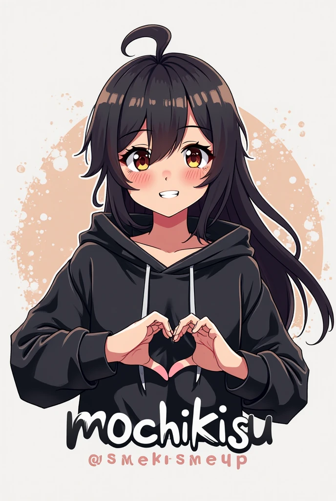 Anime style girl with brown hair wearing a black sweater that says I love mm2 with bare shoulders, long hair, black skirt, light pink cheeks, anime style, who has her hands on her head back and smiles and who has big breasts, long hair and her breasts are noticeable and they look giant.
