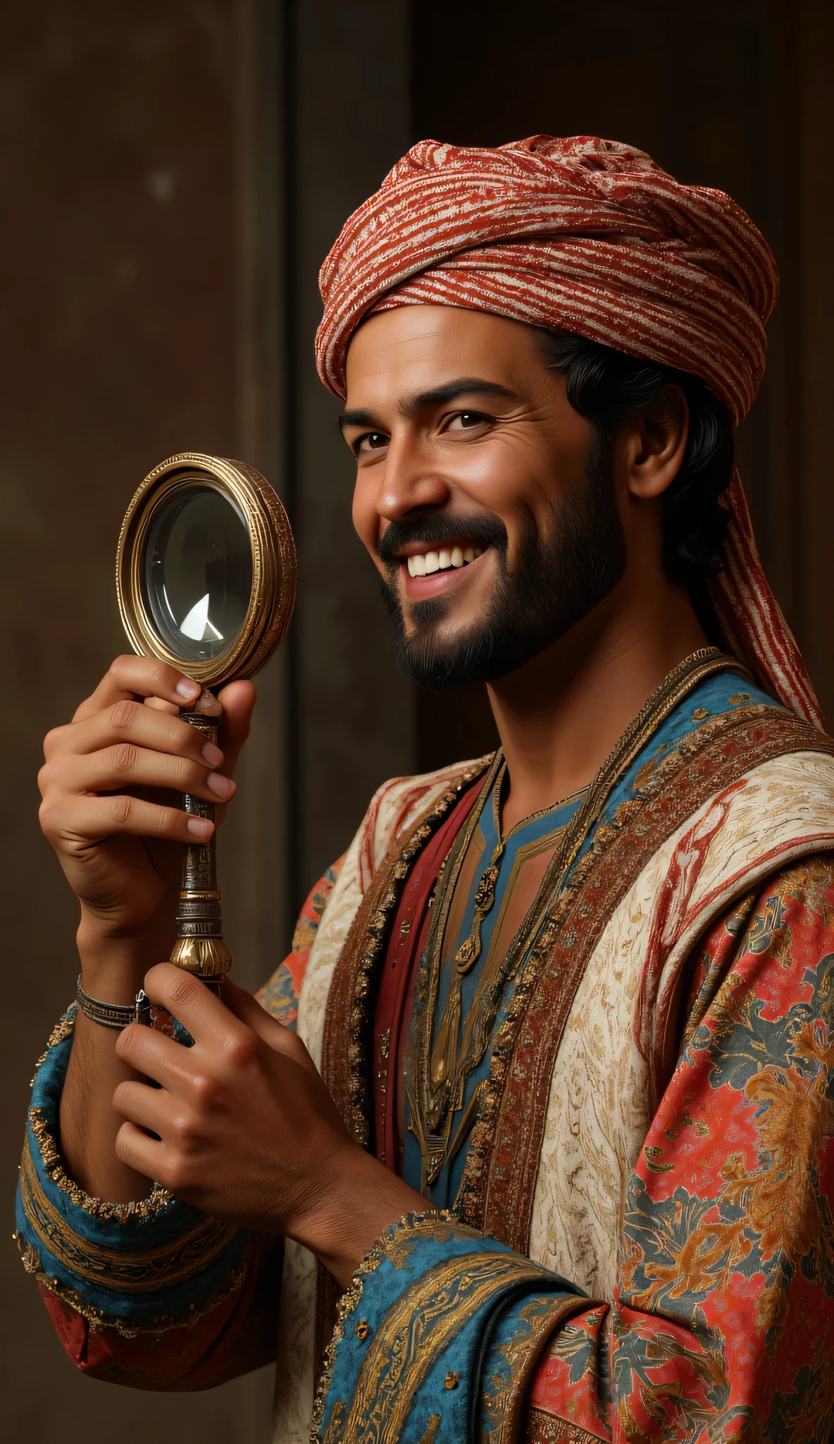 Camera Wide angle shot, Create a hyperrealistic digital artwork showcasing an ancient Arabic engineer from the Archaic medieval period landscape. The scene should be set in a finely detailed magnifier lens workshop landscape, with the full body smiling arabic engineer holding an ancient magnifying frame crystal lenses. Use a wide-angle camera perspective to capture the intricacies of the workshop. Focus on the engineer's handsome young Arabic face, seamlessly blending features reminiscent of Johnny Depp, Hugh Jackman, and Nicolas Cage. He should be dressed in a dynamic and colorful prehistoric Arab outfit, complete with a traditional turban. Ensure a well-balanced composition with ultra-realistic textures and depth, employing techniques like slow shutter speed and best aperture settings to enhance the photograph's quality. This artwork should convey a strong sense of ancient technology and creativity, aiming for a trend-worthy display on art platforms like CGSociety and DeviantArt.