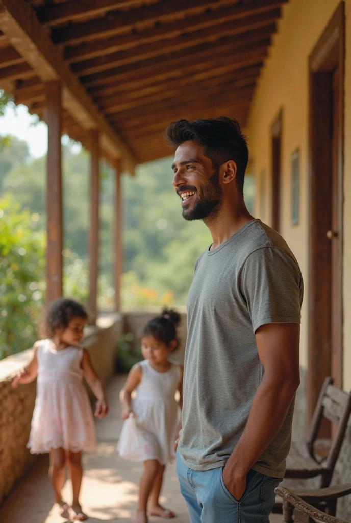 (best quality,highres),father and son wearing orange shirts,smiling,blurred background,warm lighting,lush greenery,soft focus,joyful expressions,beautiful bond,playful atmosphere,authentic emotion,memorable moment,sunny day,vibrant colors,happy faces,warm family connection