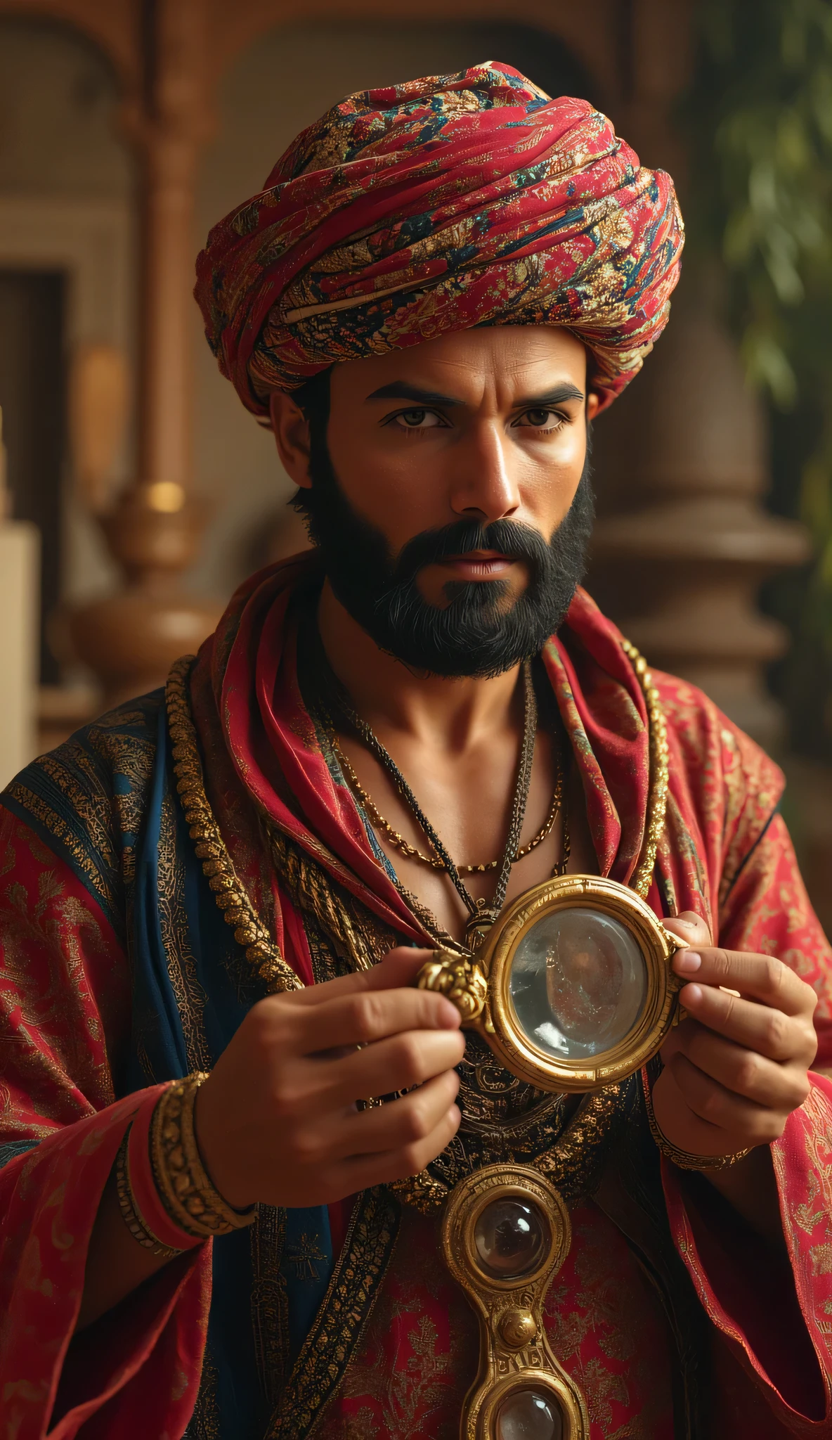 Camera Wide angle shot, Create a hyperrealistic digital artwork showcasing an ancient Arabic engineer from the Archaic medieval period landscape. The scene should be set in a finely detailed magnifier workshop landscape, with the full body arabic engineer holding an ancient magnifying frame crystal lenses. Use a wide-angle camera perspective to capture the intricacies of the workshop. Focus on the engineer's handsome young Arabic face, seamlessly blending features reminiscent of Johnny Depp, Hugh Jackman, and Nicolas Cage. He should be dressed in a dynamic and colorful prehistoric Arab outfit, complete with a traditional turban. Ensure a well-balanced composition with ultra-realistic textures and depth, employing techniques like slow shutter speed and best aperture settings to enhance the photograph's quality. This artwork should convey a strong sense of ancient technology and creativity, aiming for a trend-worthy display on art platforms like CGSociety and DeviantArt.