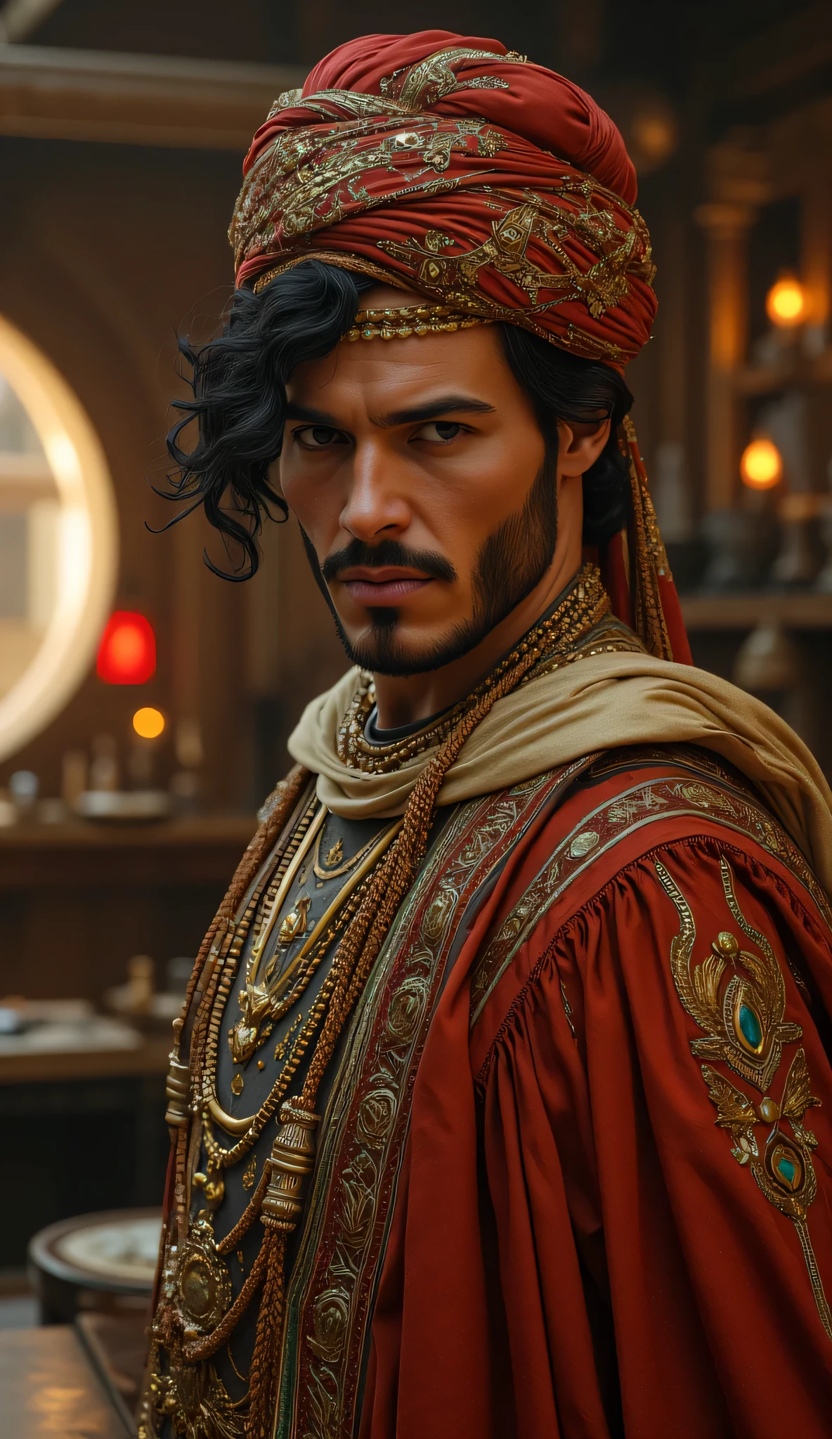 Camera Wide angle shot, Create a hyperrealistic digital artwork showcasing an ancient Arabic engineer from the Archaic medieval period landscape. The scene should be set in a finely detailed magnifier workshop landscape, with the full body arabic engineer holding an ancient magnifying frame crystal lenses. Use a wide-angle camera perspective to capture the intricacies of the workshop. Focus on the engineer's handsome young Arabic face, seamlessly blending features reminiscent of Johnny Depp, Hugh Jackman, and Nicolas Cage. He should be dressed in a dynamic and colorful prehistoric Arab outfit, complete with a traditional turban. Ensure a well-balanced composition with ultra-realistic textures and depth, employing techniques like slow shutter speed and best aperture settings to enhance the photograph's quality. This artwork should convey a strong sense of ancient technology and creativity, aiming for a trend-worthy display on art platforms like CGSociety and DeviantArt.