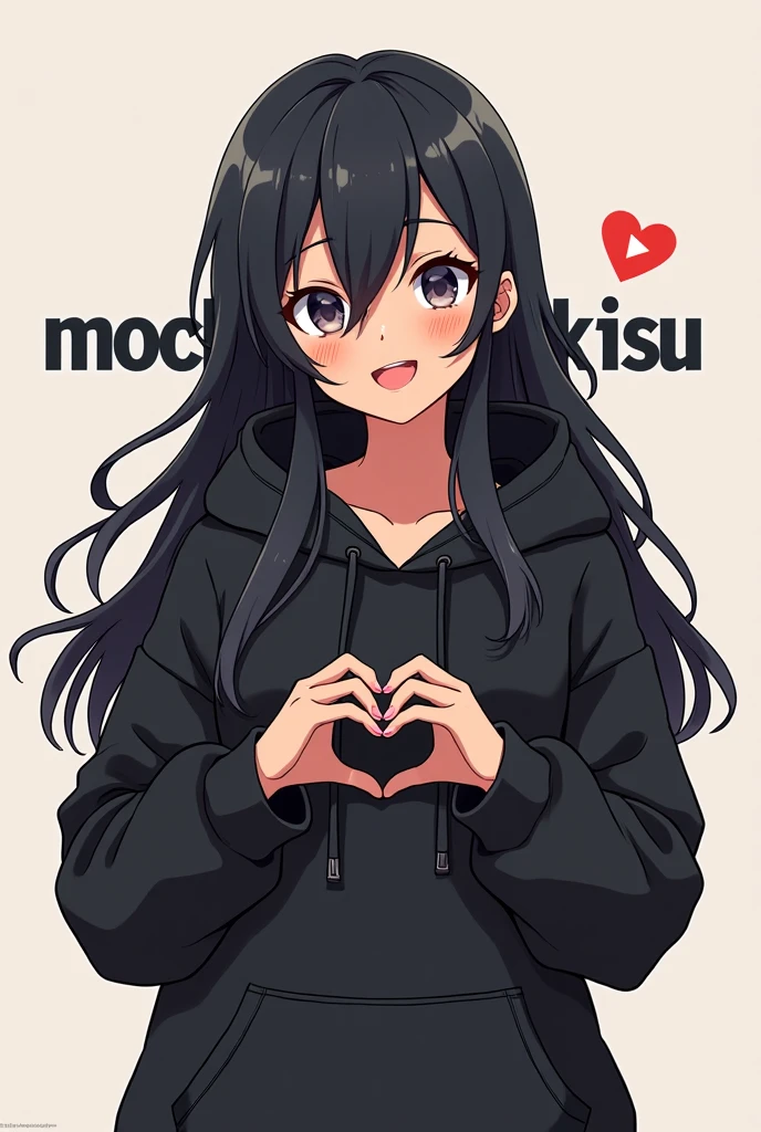 Logo for my YouTube channel of a anime character black hoodie , dark tan skin, black hair, long hair , smiling and with the word MochiKisu, making heart with hands