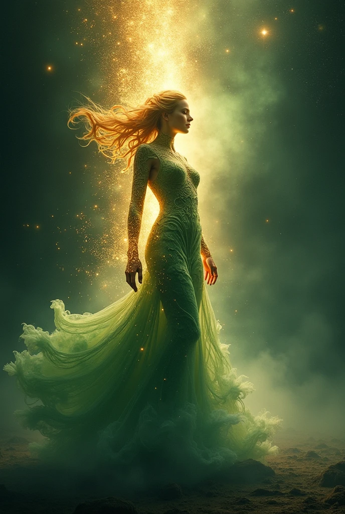 nsfw,4K Ultra HD, masutepiece, Girl with a magical aura, Good face, Long hair, shinny hair, Detailed eyes, Glossy lips, Wearing a gold dress, Aura around the body, magical effect, Green and pink lights spread, Cosmic elements and ethereal atmosphere, Mix of bright lights and colorful nebulae, universe background, Sitting, Full body capture.