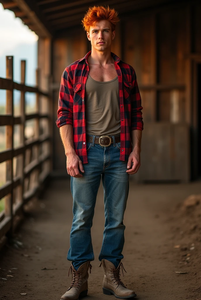 HD quality, high definition, a male labor worker 18 years old handsome, muscular and slim, red lips, leaning against a haystacks, ((exposed vagina)) ,wearing open vest with covering his hair model with bracelets, earrings, with sunglasses, fully nude and naked body, eyebrowse angry, side view, wearing shoes, sexy and seductive, with sweat, in the farm wearing farmer’s hat