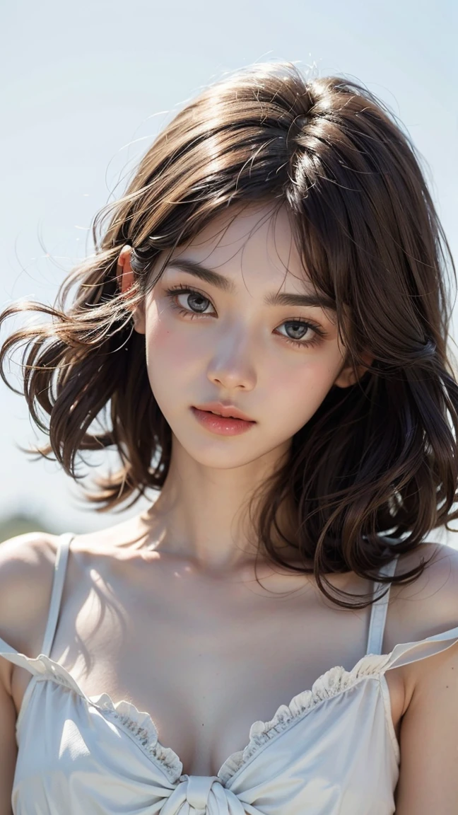 ((Beauty like a model)), Japan Girl,1 persons,masterpiece, The highest image quality, ultra-detailliert, (perfectbody:1.2), ((Perfect face+Brown hair)), Close up of, short wavy hair,Viewer's Perspective, detailed hairs、Detailed eyes(realisticeyes),profetional lighting,medium breasts brown eyes),slenderbody, Lady,About 28 years old,glamor,kindly smile,Half Girl,Lashes,二重まぶた,off shoulders,Raw photo,glamorのある唇,((Smiling)),Navel Fashion,abdominals,Constriction,Beautiful back,
