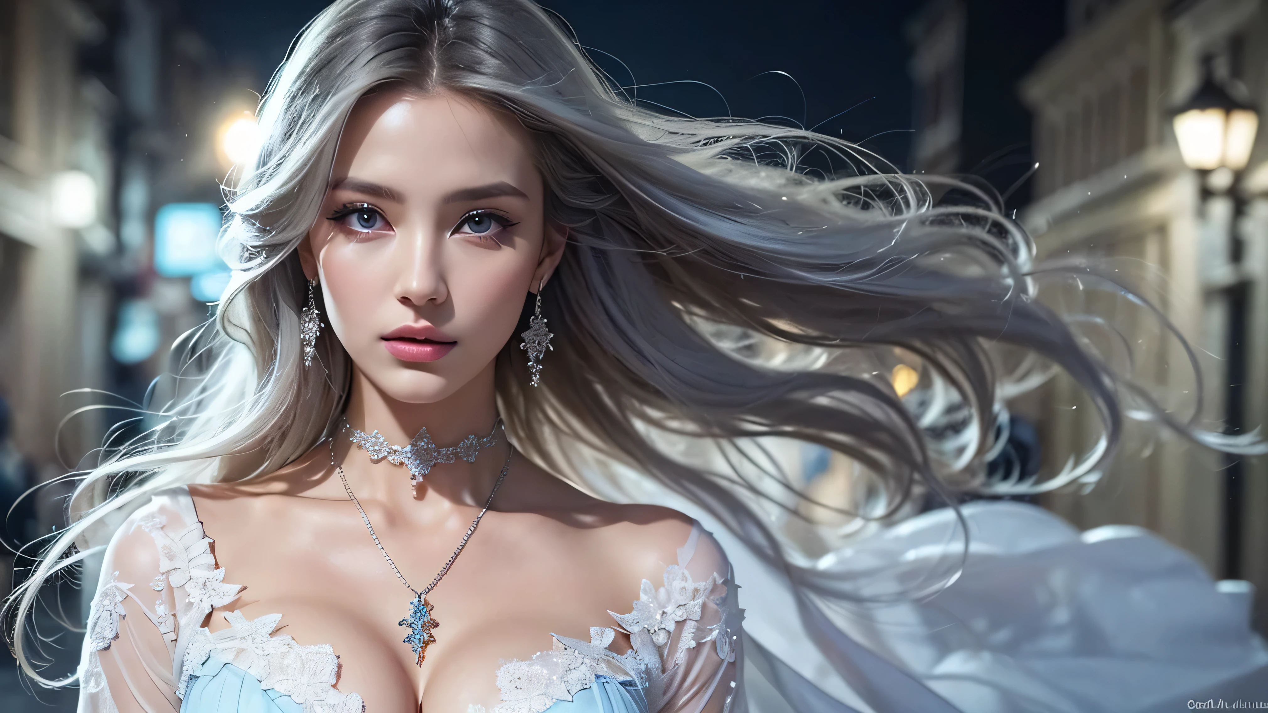 ((tmasterpiece:1.4)、(top-quality:1.4)、(reallistic:1.7))、By Luis Royo（By Luis Royo）Surreal portrait of a beautiful girl、Super beautiful girl、((1girl in:1.4))、Shiny natural skin texture、(The Queen's Gorgeous Costume)、(Off-the-shoulder white one-piece mini skirt type type:1.4)、((up skirt)),Authors：By Luis Royo（By Luis Royo）、age19、(Two arms:1.4、Two legs:1.4)、(perfect anatomia:1.4)、(Perfect female body:1.4)、Portrait photo of a girl、Close-up photos、Upper body photography、Fantasyart、Soft front light、Beautiful expression、kawaii faces、Beautiful udder、large full breasts:1.2、Beautiful ass、A detailed eye、Clearly eye-catching, beautiful and alluring、beautidful eyes、Narrow waist、Raw photo、red rip、Arrange your long hair as cool as a queen、(tiara crown:1.4、choker necklace:1.4、a necklace:1.4、耳Nipple Ring:1.4)、1 screen display、((In front of the city walls、Woman standing in front of bench)),((Translucent off-shoulder white dress))、((A smile)),((posterior view))、((Looks Back))、((White T-back panties visible)),