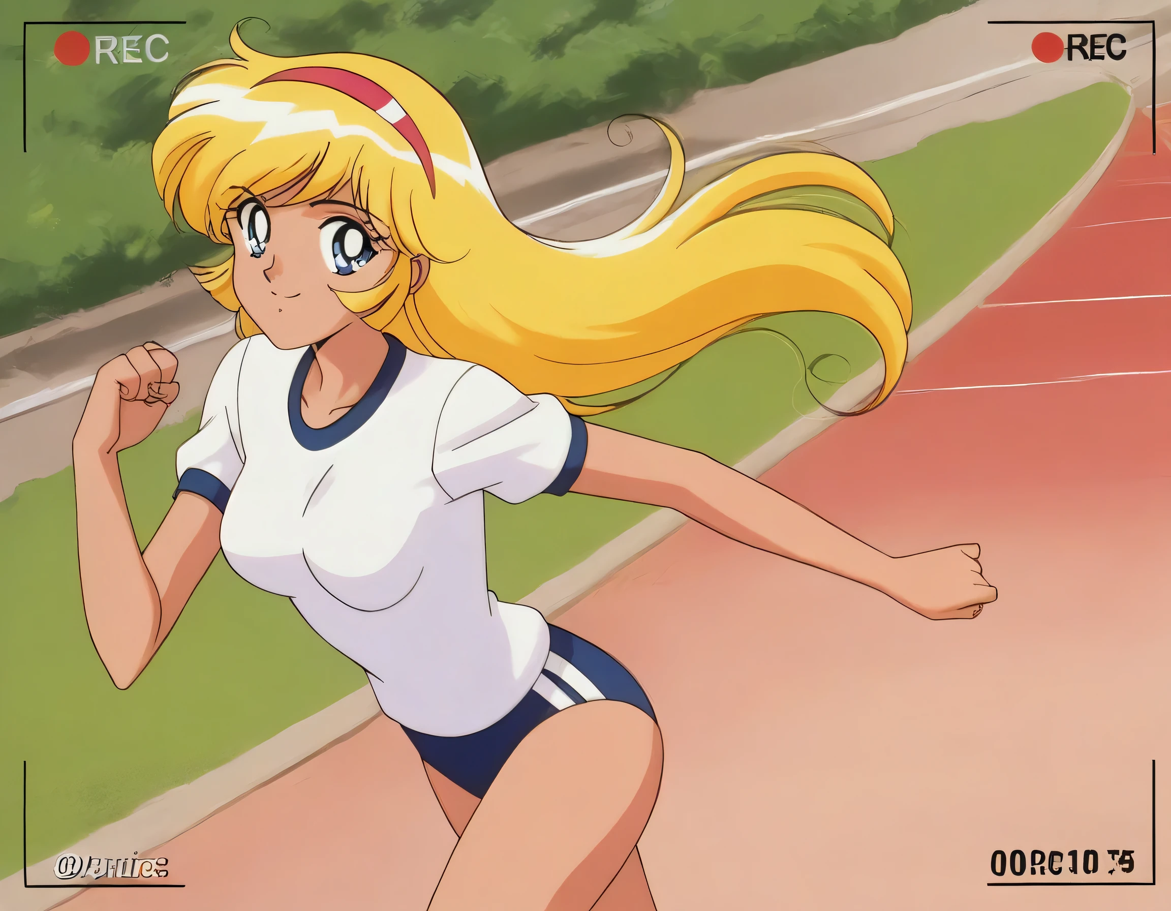 masterpiece,best quality,very aesthetic,highres, KisaragiHoney, 1girl, solo, blonde hair, long hair, blue eyes,smile,medium breasts, hairband,((white shirt)),navy buruma,((running)),outdoor, looking at viewer,cowboy shot,retro artstyle, anime coloring,((recording)),