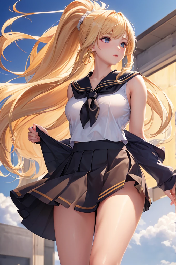 Beautiful illustration、top-quality、cute girl ed room、yellow hair、length hair、(((Yellow pleated skirt)))、(((Yellow sailor suit)))、shortsleeves、Colossal tits、a navel、Flipping up the skirt with your hands、Show white panties、Please lift up your skirt and show me your panties.、pale blue eyes、on the beds、lovely thighs、glowing thigh、Floating hair, Wind,