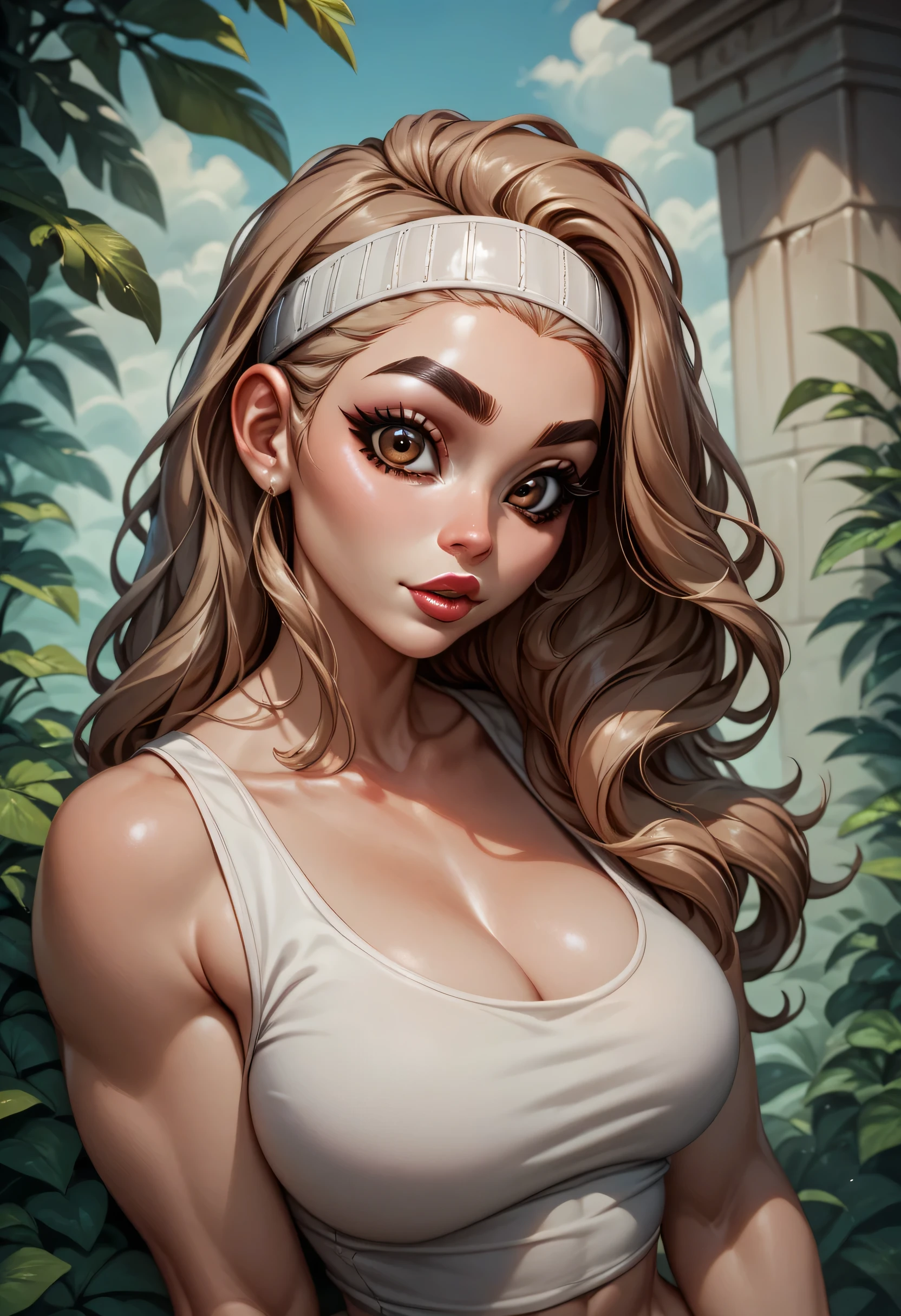 perfect face, straight hair, lightest brown hair, (((white headband))), black eyebrows, thick eyebrows, black eyeliners, big eyes, (((brown eyes))), bright red lips, thick lips, beautiful woman, white tank top, medium breasts, (looking at viewer)