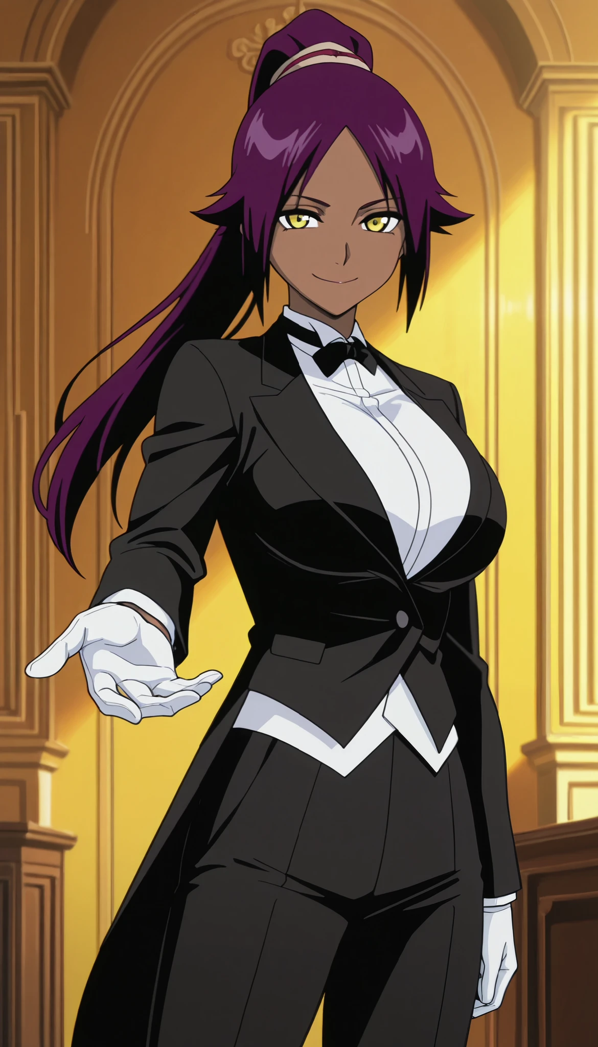 1girl,solo,mm,mature female,dark-skinned female,purple hair,yellow eyes,long hair,ponytail,large breasts,anime coloring, tuxedo tailcoat, butler, pants ,, woman in a formal suit,she's looking at the camera with a calm smile,,, indoors,smile,, gloves ,masterpiece,best quality,amazing quality, ,,reaching at viewer,,,,