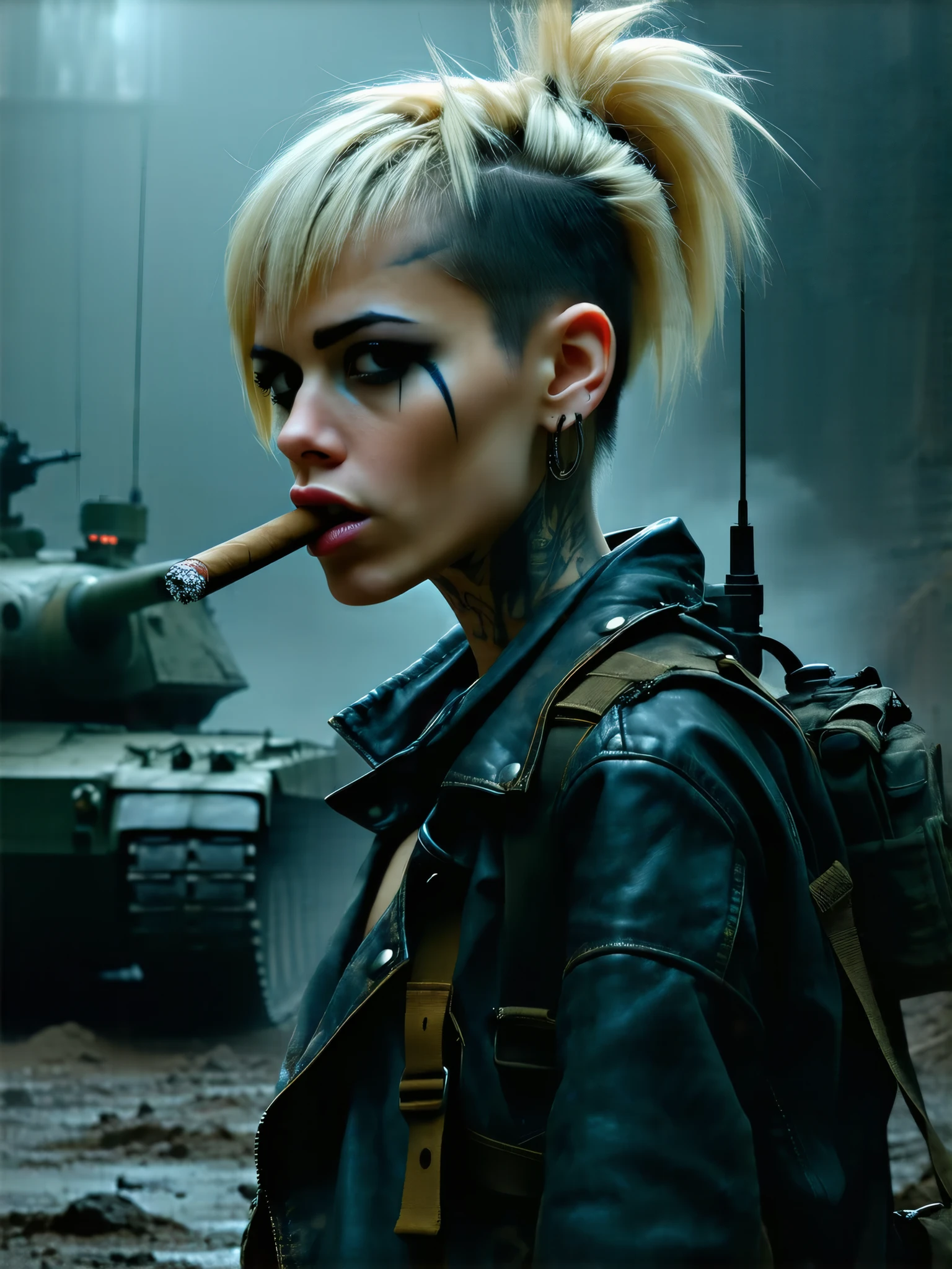 You find yourself on a dark, rainy street, lit only by the neon light of the surrounding shops. You look at your character, a cyberpunk black woman, dressed in a black leather jacket, torn pants, and a pair of leather boots. She is armed with a pistol ready to face any threat that may come her way. Her hair is curly and dyed purple, with twinkling lights that flash to the rhythm of neon light. She has tattoos on her right arm, which glow in vibrant shades of blue and green under the neon light. Her eyes are cybernetic, glowing red, with a determined look that shows she's not afraid of anything. She is a ruthless warrior, ready to fight for her survival in this futuristic and dangerous world. --auto --s2