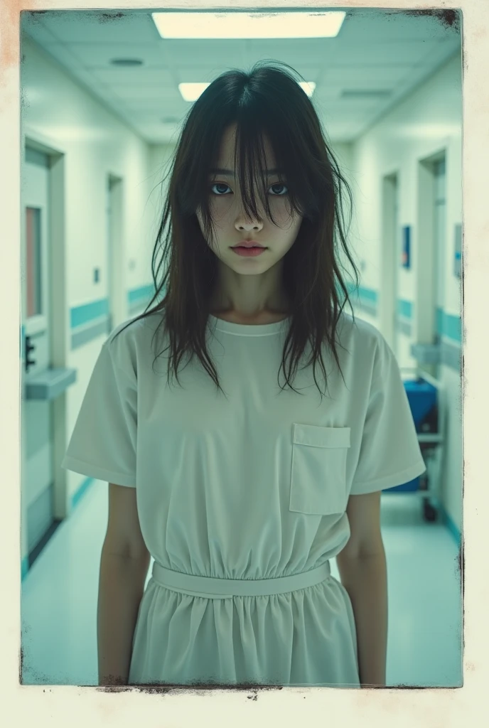 Depressed girl、Long black hair、Small Nose、Skinny body、Brown eyes、Thin lips、white hospital clothes、Real、A dark corridor in a dilapidated Western-style building、