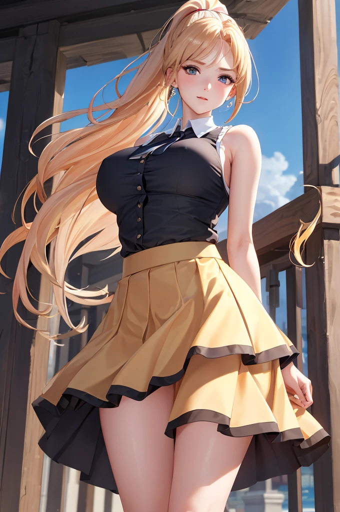 Masterpiece, Best Quality, Official Art, (Highly Detailed CG Unity 8k wallpaper), Detailed background, (Hands by Guido Daniele: 1.1), Feet out of frame, First Person View, 1, Attractive and perfect beautiful woman, Schoolgirl, JK, Schoolgirl uniform, spring, cherry, wind blowing, (((Flipping skirt, panties visible))), ( Curvaceous), ( White thighs: 1.12), ( Blonde Long Hair: 1.12), (Ahoge: 1.13), (High Ponytail: 1.12), (Green Eyes: 1.13), Look at the Beholder, Big, (cleavage), Beautiful Face, (Blush: 1.11), (Smile: 1.11)