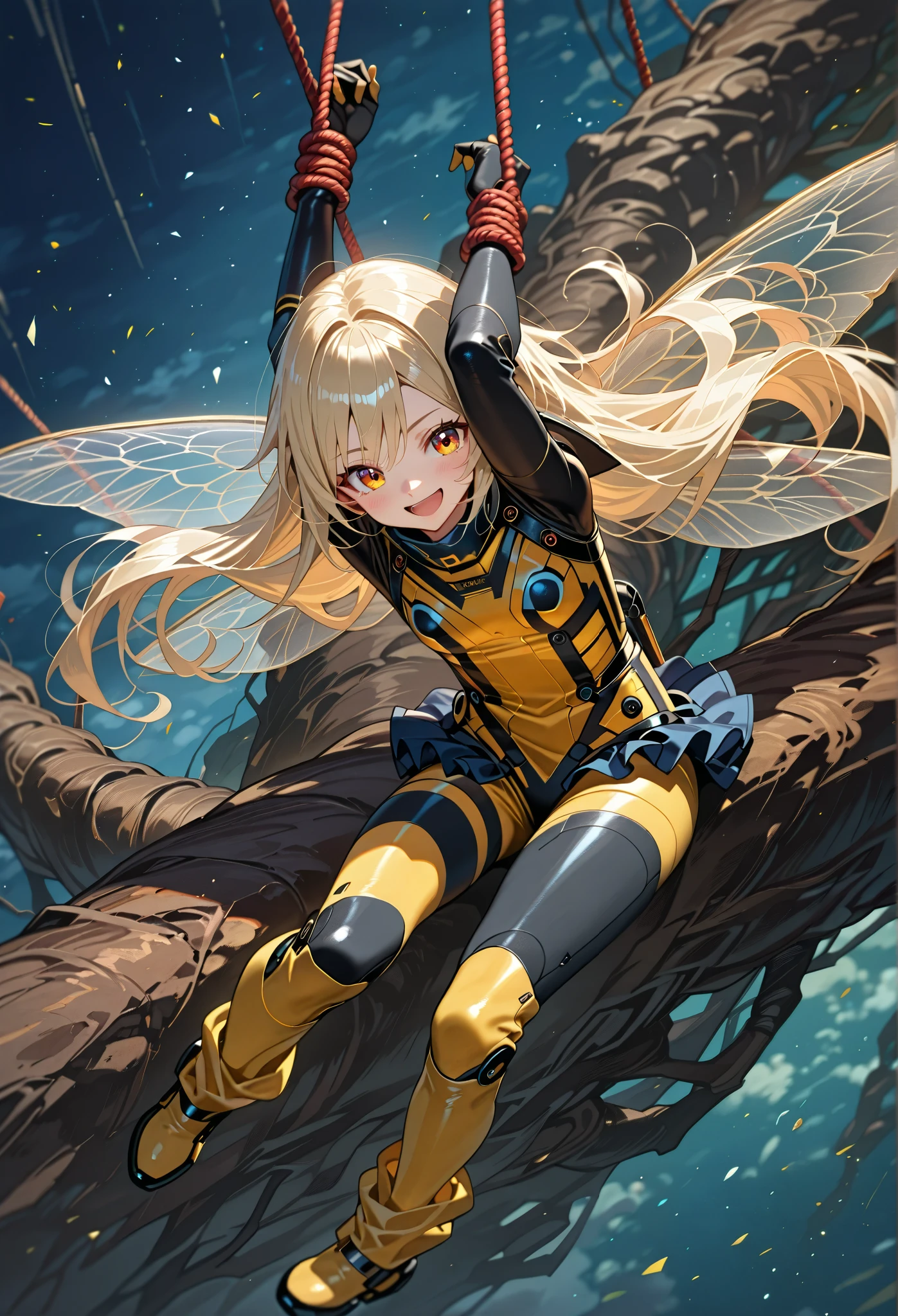 (dynamic action:1.3),view from above,Beautiful girl cosplaying as a bee,(li:0.3),blonde long hair,laughing,thin,holding a large, weaponized, honey-colored,wing-like structure. The woman's attire consists of a form-fitting, bright yellow bodysuit with black accents, resembling a stylized insect-like costume. long socks. Exposed thighs,frilled body suit,military style,looking at viewer.Transparent insect wings,hanging,tied up (Nonsexual)