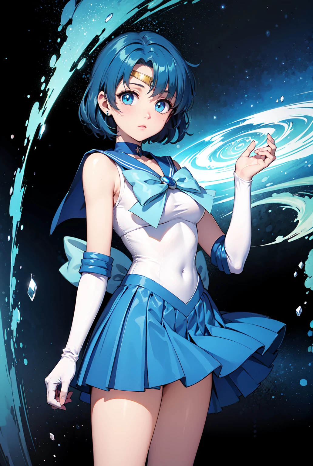Epic cinematography, (battle in background city) , ((sailor mercury summoning water from her hands, fighting stance, determined face, gritted teeth)) mer1,tiara,sailor senshi uniform,blue sailor collar,bow,knee boots,choker,white gloves,blue choker,elbow gloves,jewelry,earrings,short blue skirt, wind blowing skirt, ((determined face)), ((white panty)) ,(nice butt), water flowing in circular fashion, , wide hips, ultra detailed, beautiful, highres, 1girl, Masterpiece, cowboy shot, perfect handeautiful detailed face), (detailed eyes:1.1), (blue electricity), (water bending), blue flames encircled