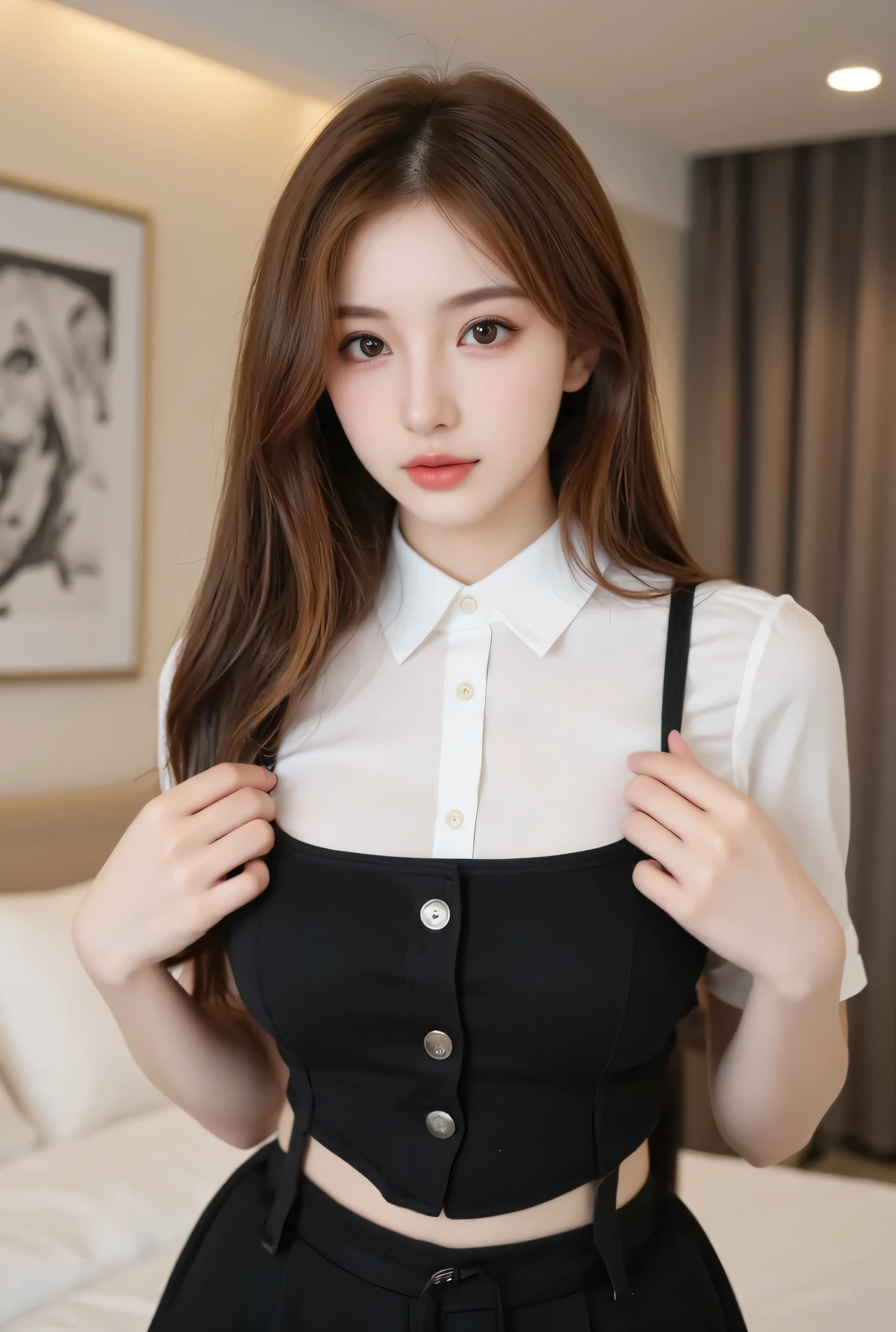 a sexy seductive smart look woman, office secretary , young sexy sensual 23 yo, tight mini opened sexy weardrobe , wavy messy dark blonde long hair with high ponytail , sitting on a large couch sensually , located in suite office room with large windows, night city as background , night atmosphere , wide shot, low angel