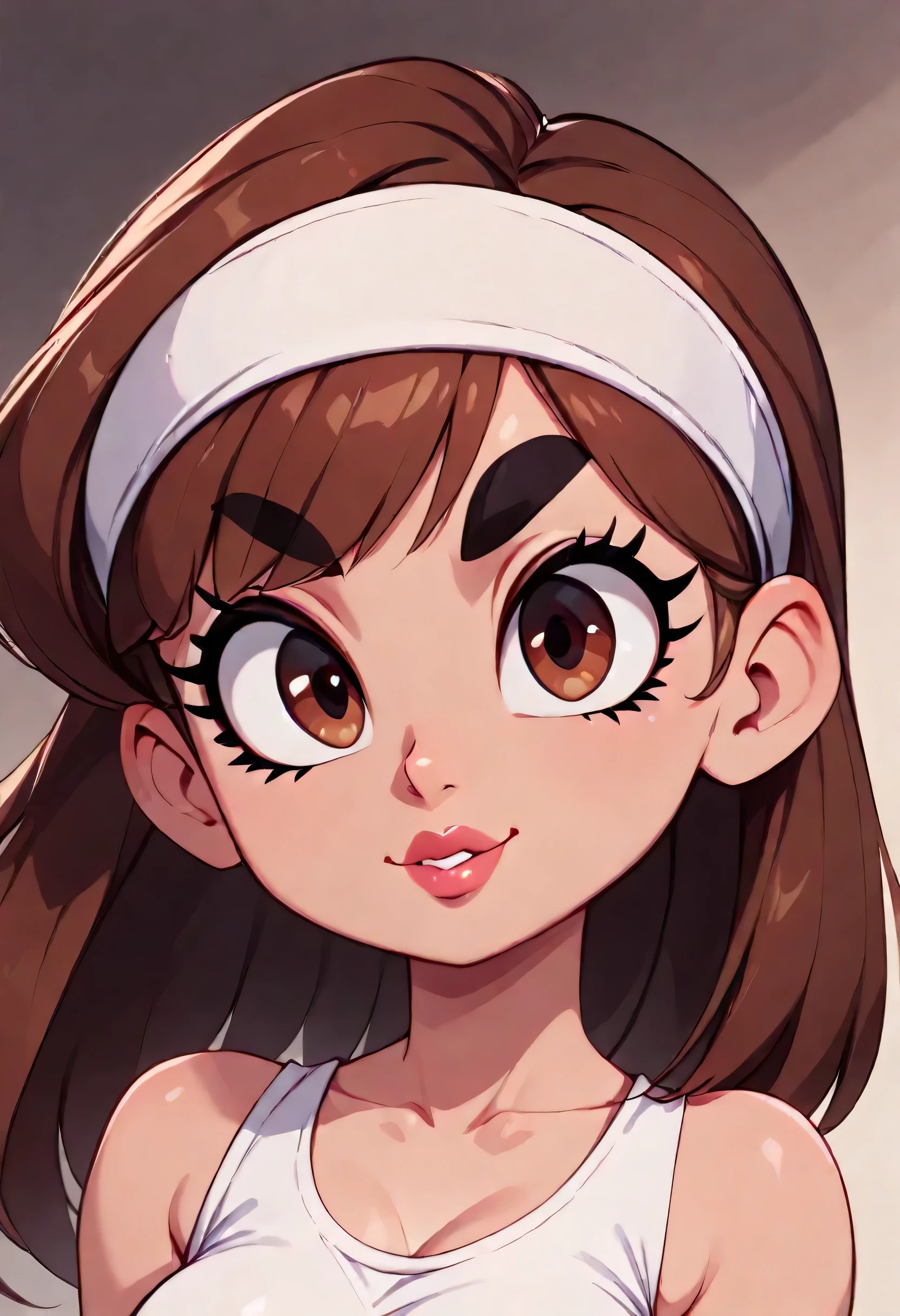 perfect face, straight hair, lightest brown hair, (((white headband))), black eyebrows, thick eyebrows, black eyeliners, big eyes, (((brown eyes))), bright red lips, thick lips, beautiful woman, white tank top, medium breasts, (looking at viewer)