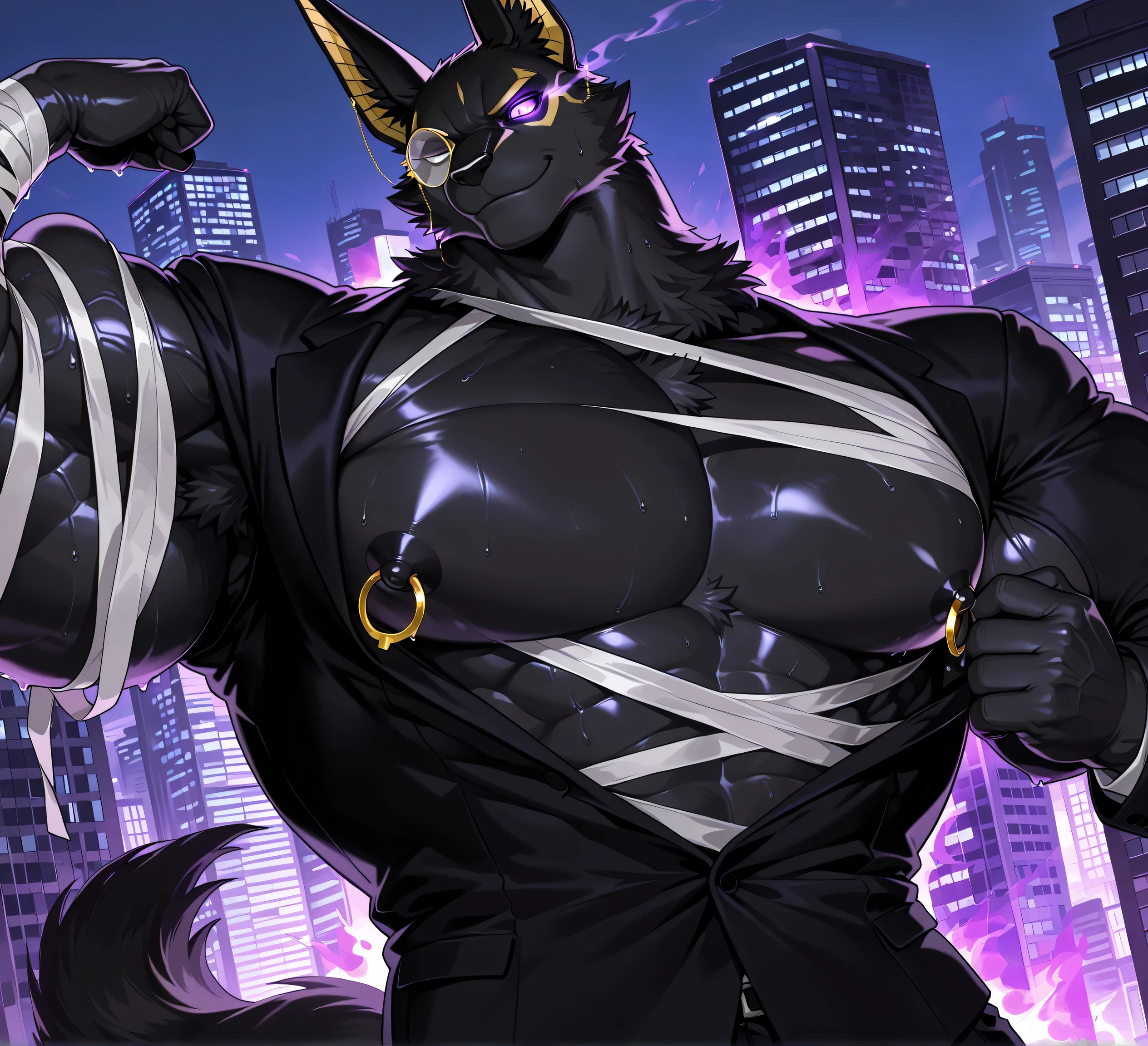kemono, bara, solo, furry, Anthro, Drew, jackal, black body, male, tail, tall ears, huge muscular, purple glowing eyes, posing, huge black nipples, golden nipple rings, broad shoulders, broad chest, serious, small smile, looking at flexing arm, detailed background, suit, fluffy neck, bandages, black fur, gold ears, bare upper body, sweaty, low view, close up of chest and face, flexing an arm, face turned, dutch angle, macro, city, monocle on right eye, BREAK score_9_up,score_8_up,score_7_up,score_6_up,score_5_up,score_4_up BREAK by null-ghost