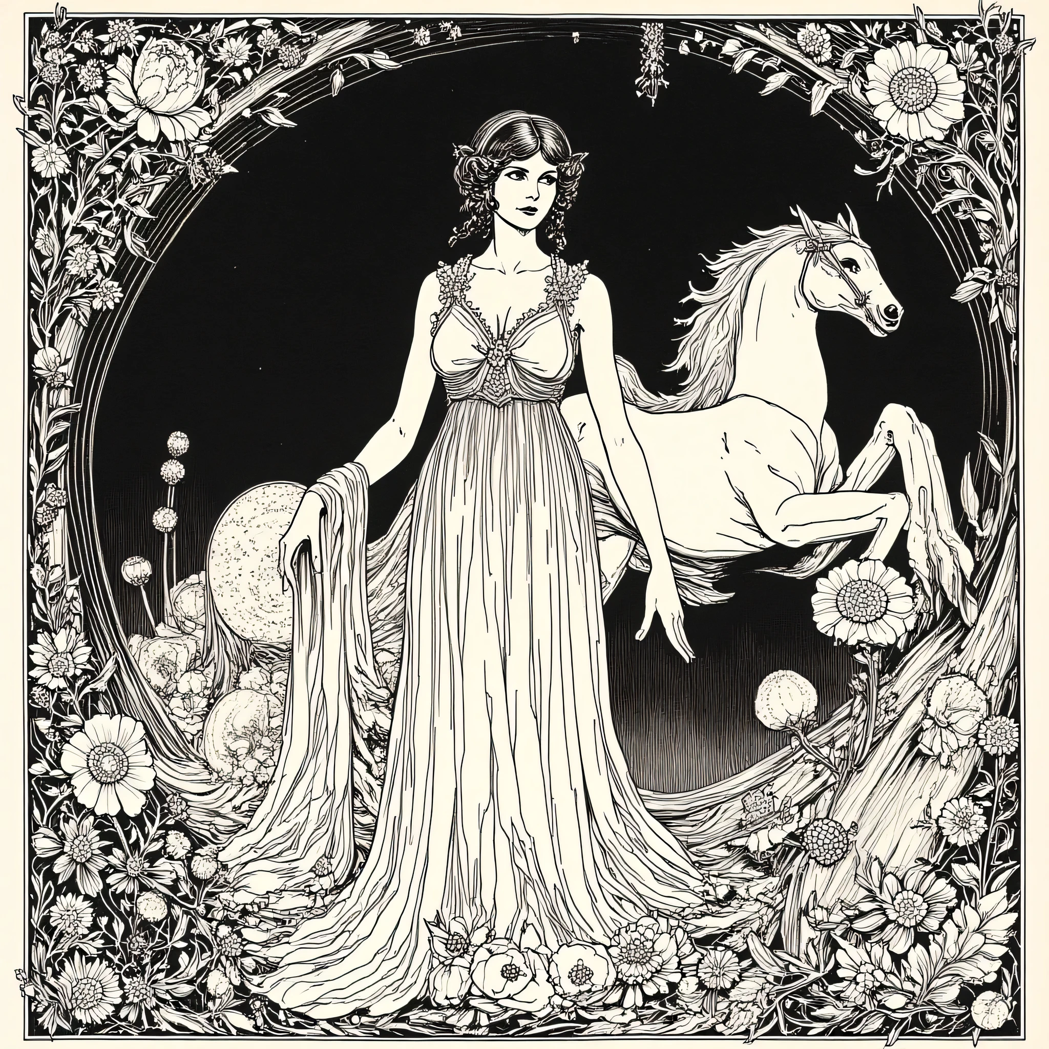 black and white image, solid colors, Art Nouveau style engraving, woman dressed in old style long dress, Ornamental margins the four edges of the image, floral motifs, no gray scale