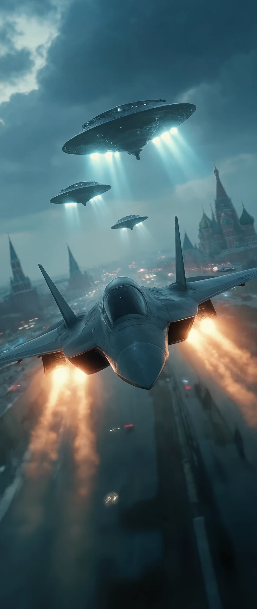 high res images、Moscow's urban area、SU-57 intercepting UFOs、creative image、UFO appearing above Red Square、UFO firing leather rays at the building、under a dramatic blue sky((masterpiece))、image of the stealth fighter SU-57 firing missiles in an attack starting engagement。scene of the battle at dawn。