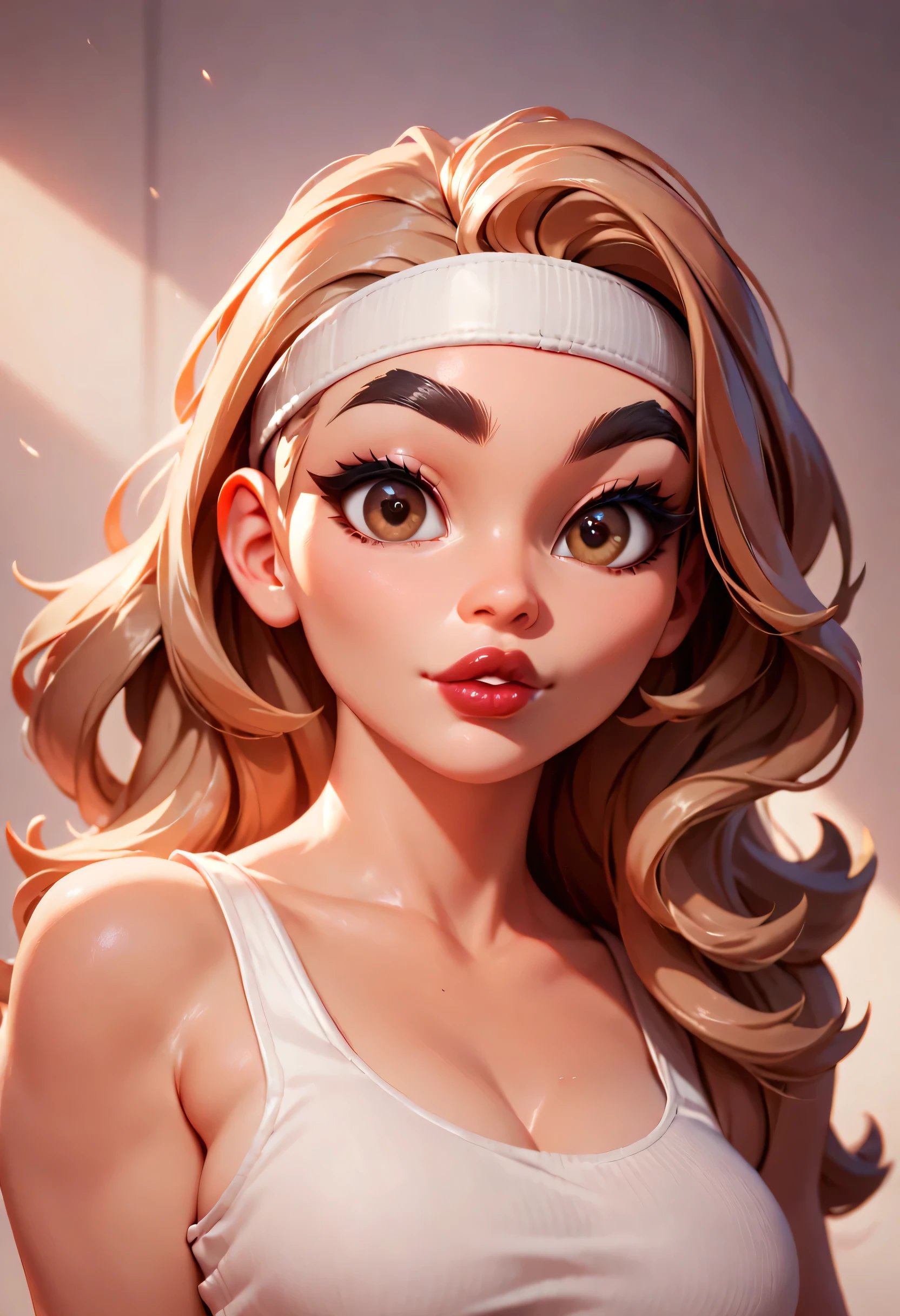 perfect face, straight hair, lightest brown hair, (((white headband))), black eyebrows, thick eyebrows, black eyeliners, big eyes, (((brown eyes))), bright red lips, thick lips, beautiful woman, white tank top, medium breasts, (looking at viewer)