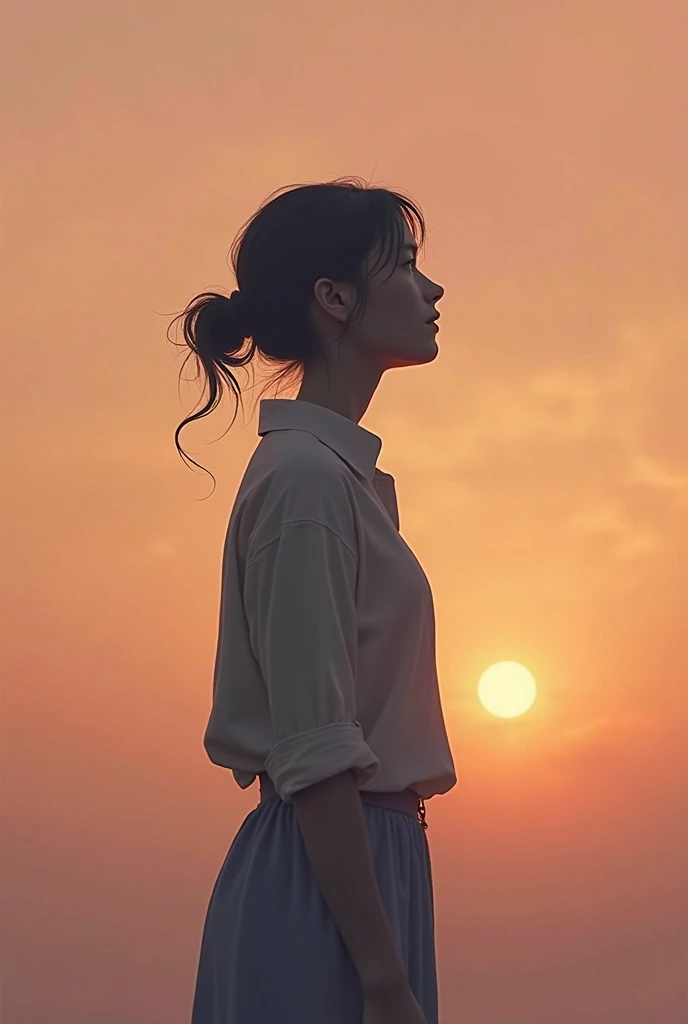 A woman looking at the horizon, with an expression of uncertainty.