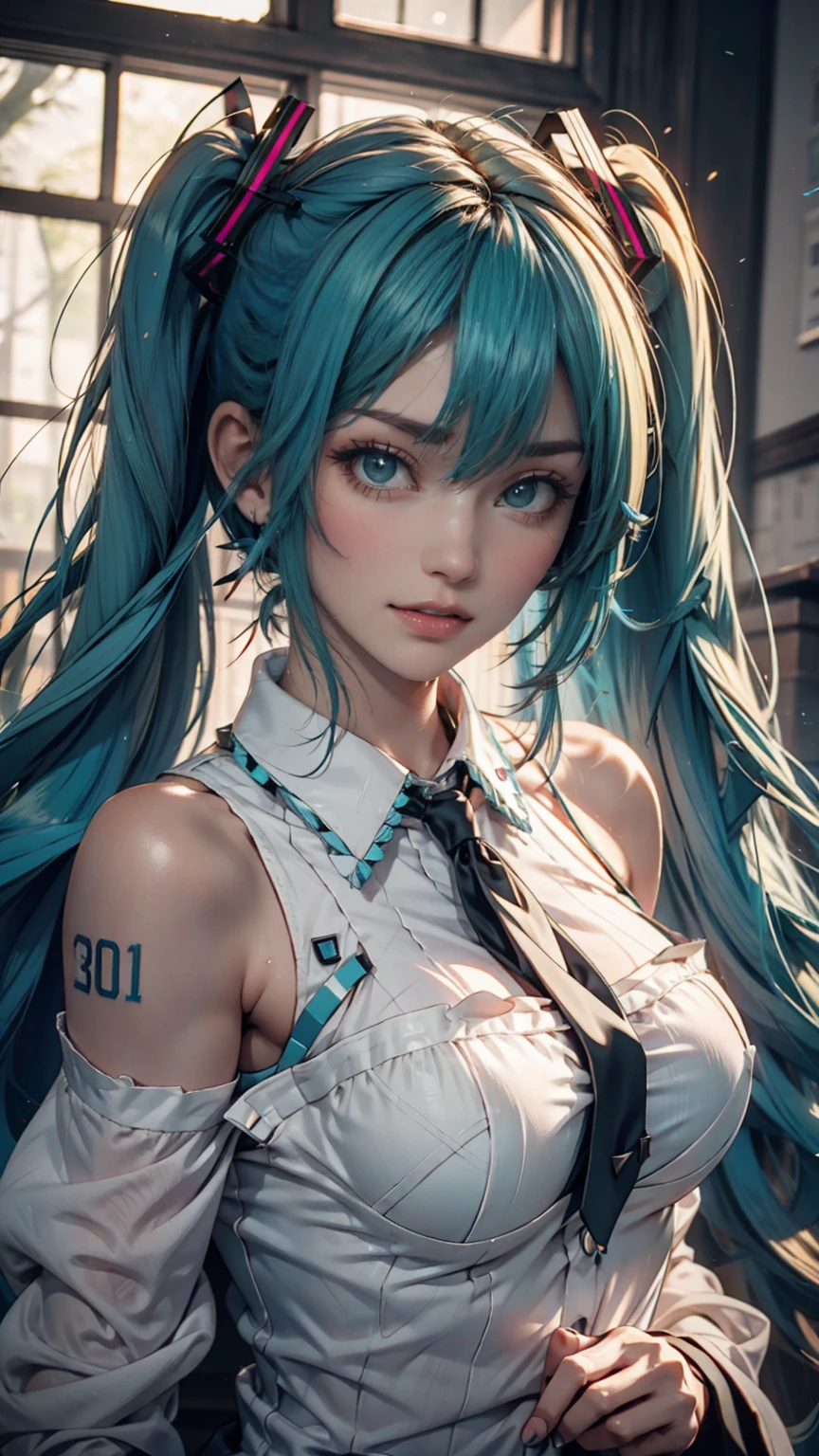 (best quality, masterpiece, colorful, highest detailed) upper body photo, fashion photography of cute (Hatsune Miku), very long turquoise pigtails and a school uniform-like outfit. She has teal eyes and very long pigtails held with black and red square-shaped ribbons that have become a signature of her design, (ultra-detailed body), (light smile:0.3), moonlight passing through hair, (silver lake background:1.3), (intricate details), (dynamic angle)