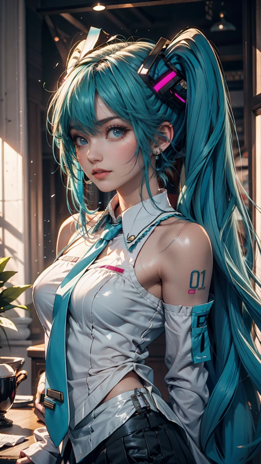 (best quality, masterpiece, colorful, dynamic angle, highest detailed) \Hatsune Miku\, upper body shot, fashion photography of cute, intense long hair, (Hatsune Miku), dancing pose, (ultrahigh resolution textures), bokeh, light passing through hair, (abstract background:1.3)(official art)