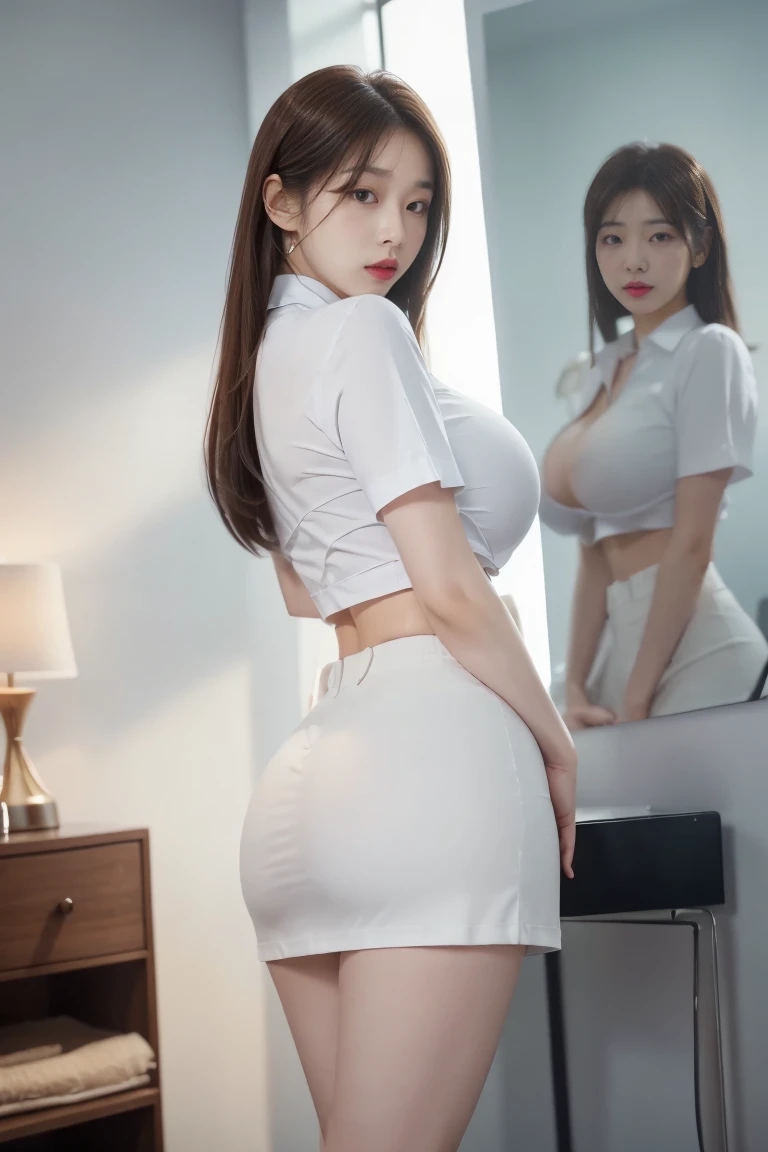 top-quality, 8K picture quality, masterpiece, Professional lighting without shadows, A hyper-realistic, perfect anatomia, Two girls, (with perfect body、Colossal breasts with tension:1.2), Evenly whitens bright skin, (Plump red tear bags and bright and beautiful blue eyes reflect a lot of light:1.2)、 The high school girl's uniform with a crimson ribbon tie is a tight blouse made of ultra-thin white fabric that leaves no upper body skin exposed, and is dressed up with an ultra-short super mini pleated skirt in navy blue and tartan check.。, (her skirt is too short、White panties、Or is your butt showing?:1.3), (Proudly showing off her taut huge breasts from the front through her blouse:1.2), Another girl on the other side shows off her big ass from behind, (Lifting up the skirt of the girl next to me)