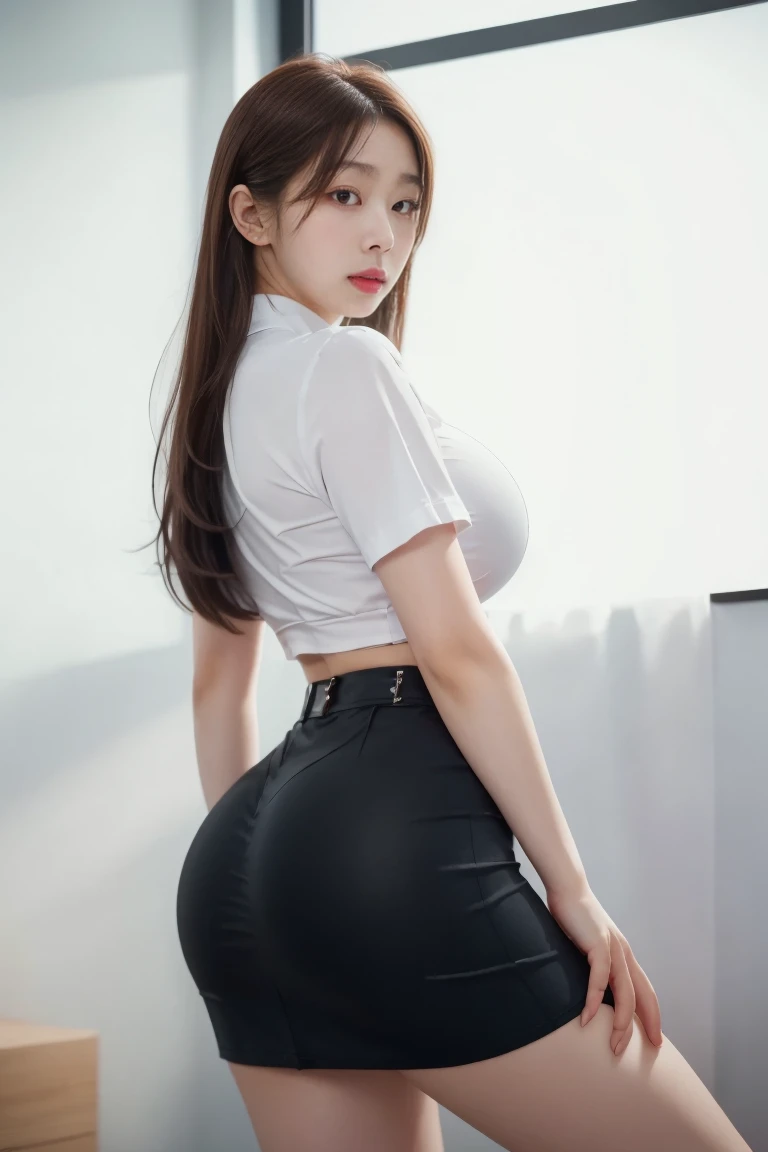(masterpiece:1.3), (High resolution:1.1), Detailed beautiful face, Detailed beautiful, arafed asian woman in a white shirt and black panties sitting on a table, smooth white tight clothes suit, gorgeous chinese model, sexy girl, elegant seducing pose, pale milky white porcelain skin, sha xi, li zixin, sakimichan, wearing tight suit, trending at cgstation, full body xianxia, reluvy5213