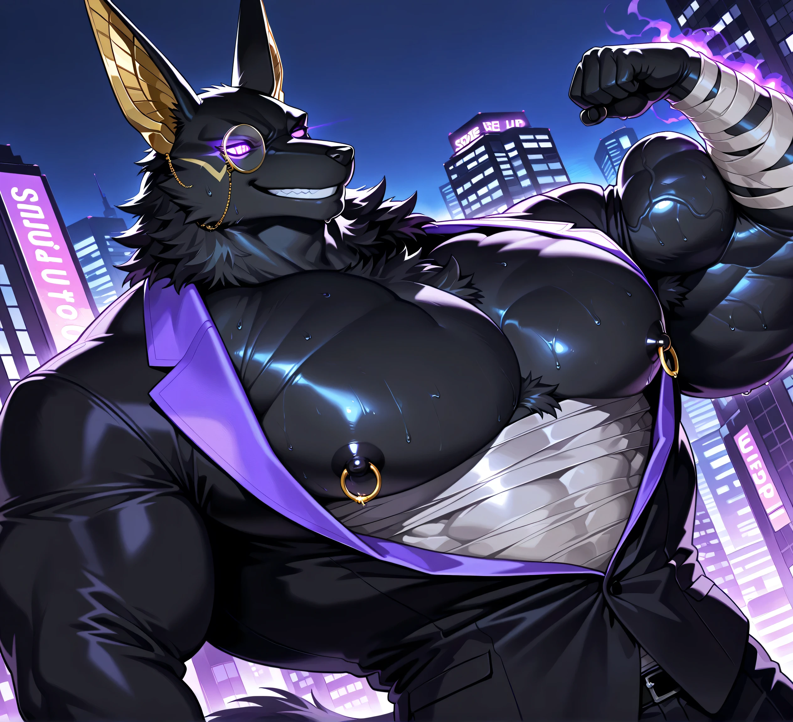 kemono, bara, solo, furry, Anthro, Drew, jackal, black body, male, tail, tall ears, huge muscular, purple glowing eyes, posing, huge black nipples, golden nipple rings, broad shoulders, broad chest, serious, grin, looking at flexing arm, detailed background, suit, fluffy neck, bandages, black fur, gold ears, bare upper body, sweaty, low view, close up of chest and face, flexing an arm, face turned, dutch angle, macro, city, monocle on right eye, BREAK score_9_up,score_8_up,score_7_up,score_6_up,score_5_up,score_4_up BREAK by null-ghost