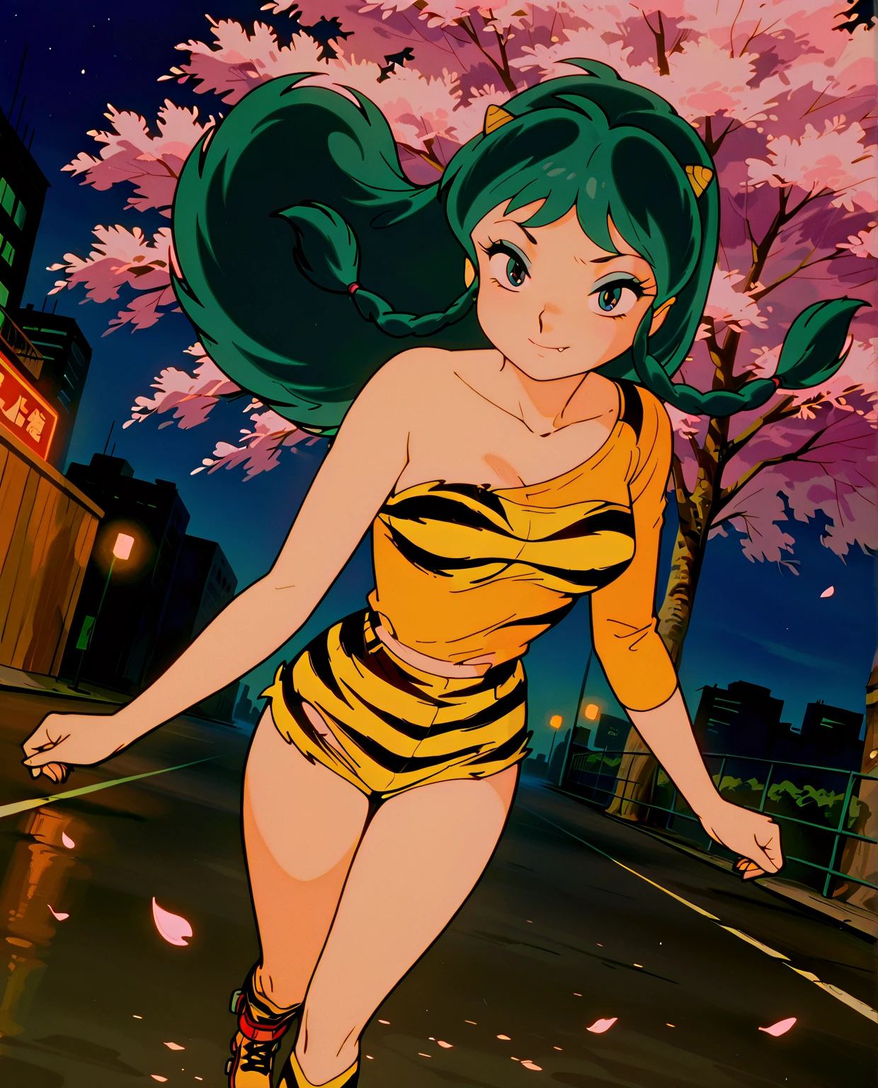 score_9, score_8_up, score_7_up, lum, solo, retro artstyle, 1980s style, breasts, blue eyes, eyeshadow, green hair, bangs, aqua hair, tsundere, dynamic angle, large breasts, large ass, loose cropped tiger-stripped sweatshirt, underboob, (cameltoe:0.6), skinny, thong, flashy clothing colors, textured clothing, embarrassed, japanese garden, bright sunny background, ExpressiveH, scenery, ultradetailed, highdefinition, ((flying, floating in air, anime japanese town, fly over houses, floating hair, wide view, from far)), pout, yandere, sparkling eyes, emotional expression, vintage comic style, pout, yandere, sparkling eyes, crazy eyes, fangs, drunk, motion blur, wide shot, motion blur, wide shot