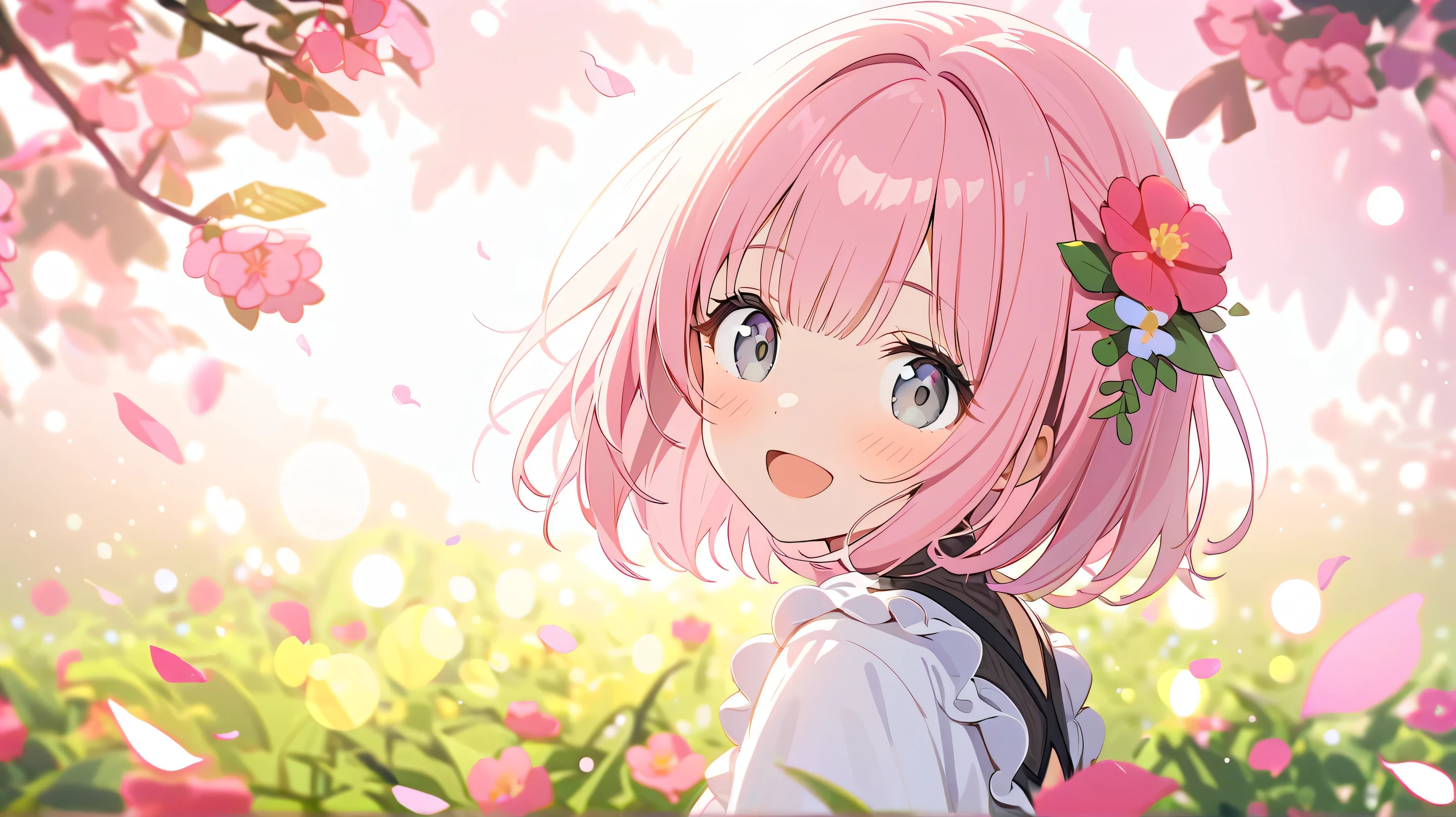 mayflower, absurdres, highres, ultra detailed,   1girl  ,  
break,  
souce anime, 4K, 8k, bokeh photography, soft focus, out-of-focus highlights,  
dreamy ambiance, glowing circles,   mesmerizing depth,  
break,  
Flower Fields: Frame the Scene with Blooming Petals
and Vibrant Foliage,  快晴の空
break
16's years old, short hair, tight bangs、round face, pink hair, ((grey eyes)), cute eyes,smile, natural make up、Fluffy dress、hair ornament、open mouth