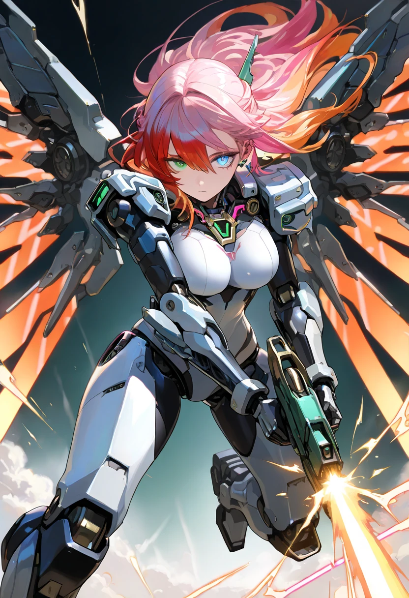 fantasy, 1angel_girl,(young_teen:1.5), ,brown_hair, medium_bob_hair, long_bangs, halo,bare_shoulder,thighhighs,silver_armor, waist_armor, large_breasts,angry,grinning,open_mouth_teeth, 1pair_wings, dynamic_pose_fighting,floating, bare_crotch, headgear,gauntlet, greaves,city_background,slightly_spread_legs, solo, groin_naked,