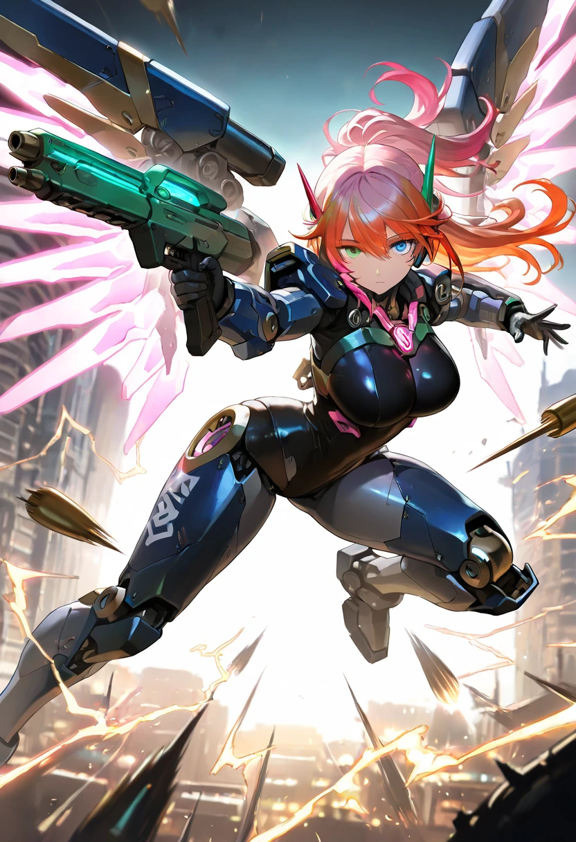 (masterpiece, best quality:1.2), (absurdres, highres, ultra-detailed), (perfect anatomy),
close-up face,
science fiction,cyberpunk,
a android of mechanical parts,metallic luster,(glowing neon lights:1.2),
future cyber mechanical City,solo,1girl,cyborg,large breasts,(expressionless:1.2),22yo,beautiful eyes00 , (heterochromia, green eyes ,blue eyes), very long eyelashes ,half updo,((multicolored hair , orange hair, pink hair, red hair)), shiny hair, ear piercing ,(mechanical powered suit:1.4),(mechanical joints:1.2),mechanical bodysuit, mechanical visor,mechanical arms,mechanical legs,(oversized mechanical wings:1.2), BREAK, look at viewer, energy, electricity, aura, (shoot:1.3), shining energy, glowing energy,
break,
(holding beam rifle, battle form, flying,aerial battle action, attack,dynamic pose),
Sound effects, spoken, speech bubble, rating: general, newest, detailed face and eyes, intricate detail, masterpiece, sharp focus, high quality, BREAK