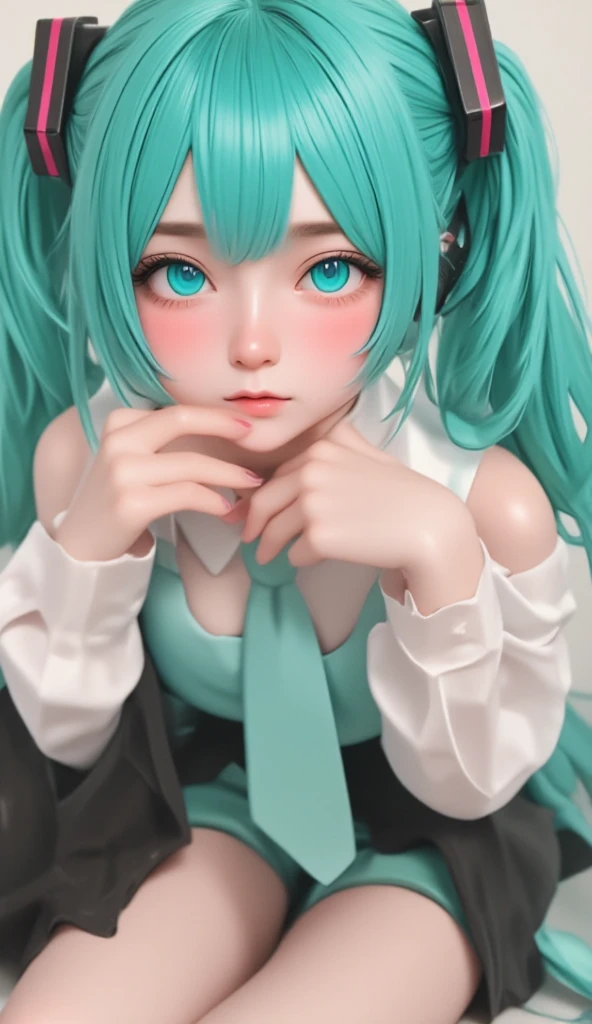  RAW photo,  perfect anatomy, turquoise hair,  sexy,  adorable by design,  small eyes , expressionless, (((squats))),  Twin Tails、 Hatsune Miku,  Official Art，  Unity 8k Wallpaper， very well detailed，Beautiful work， best quality，realistic,Photo level、 best quality、 high quality、masterpiece、