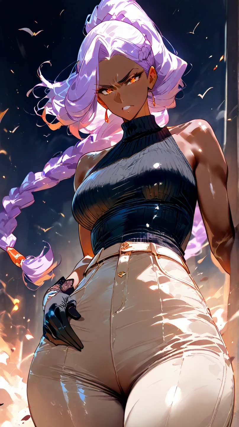 1 woman, tall, ((dark skinned woman, hair over the ears)), white hair, pink hair, colorful hair, short hair, messy hair, orange eye, (small glasses), white big shirt, (pants), black tie, sharp eye, underboob, earring like a circle, Subdued lighting, dynamic pose, perfect hand, full body,