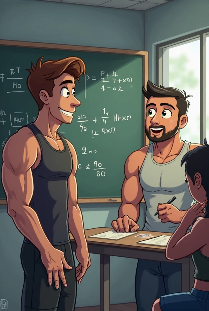 White man, Muscular man without a shirt and young man without a beard and with a tight shirt teaching mathematics in a school in front of the blackboard and so that the students can be seen sitting there paying attention