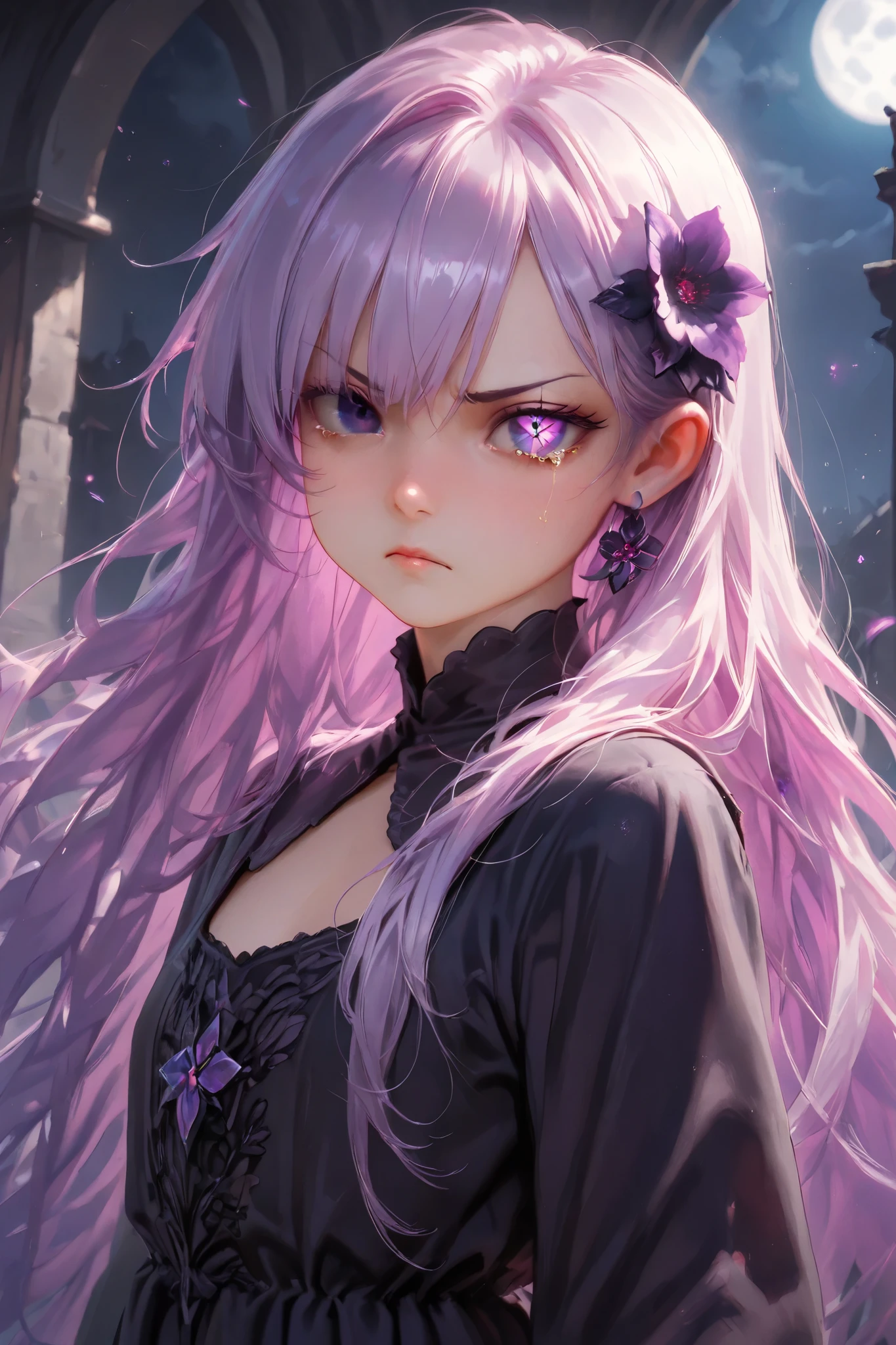 (masterpiece), (best_quality), (Detailed_Eyes), (semi_realistic), (girl), (fantasy), (8k), very long purple hair, (two_color_eye: 1.2), white left eye, purple right eye, cute, small, sister, black blouse dress with purple secondary color, emotionless face, night medieval flower garden, solo charactor, looking at viewer, tearing, sorrowful, angry, side pose, upper body