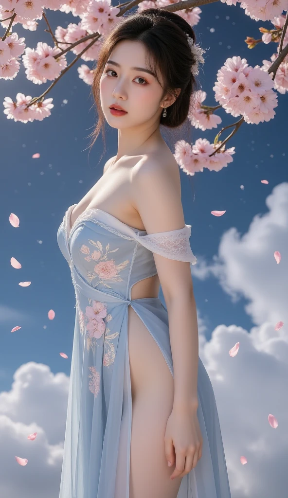 A gentle and beautiful Chinese woman, full body photo, super gorgeous knee-length dress, exquisite and sexy collarbone, charming oval face, double eyelids, vivid peach blossom eyes, pink lips, small nose, bare shoulders, focus on the face, face Body close-up, ultra-high-definition, super details, elegant standing posture