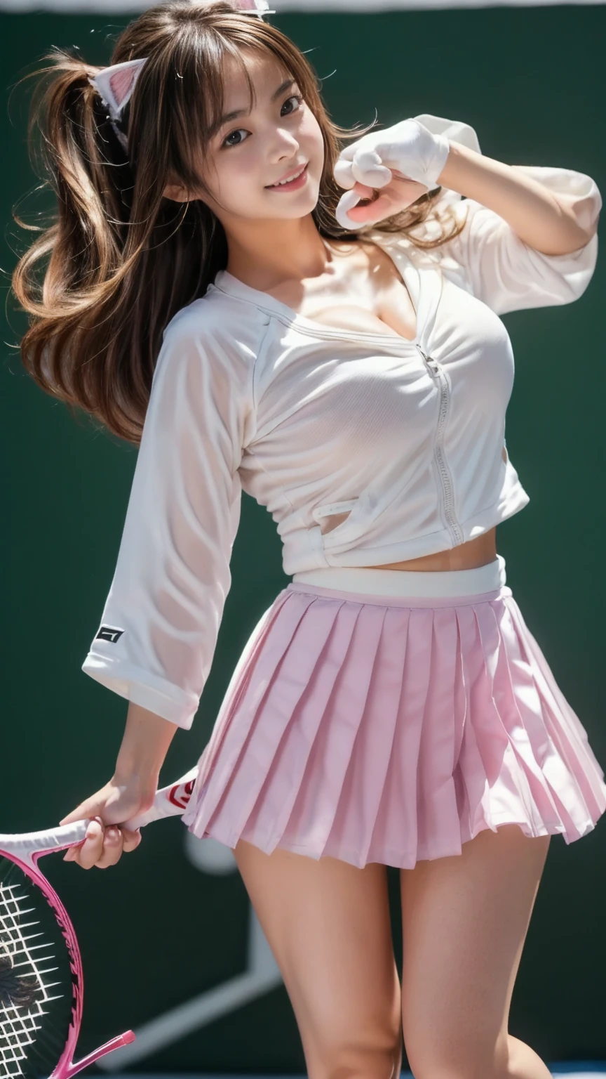 The highest quality, perfect masterpiece, perfect art, 8K, (young and energetic girl, sneakers, wearing pink-blue-red-color-block sneakers, tennis player style dress, top is clean babes white t-shirt, light blue pleated skirt, socks with white as the main color pink stripes, with tennis rackets, the environment is a tennis court; The weather is clear and cloudy; The overall shade of color is bright; thick coating style; , delicate face, white haired girl, (white hair: 1.3), medium and short hair, (black background: 1.3), pearl illusion, cyberpunk, fashion trends, material 3s, HD, detail performance, c4d, 3D, octane rendering, ray tracing, complex details, animated lighting, OCrenderer, 8k,