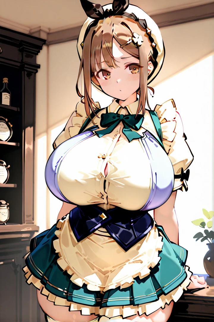 beautiful woman,Folk Girl,blonde with blue eyes,Wear an apron,countryside,countryside,beautiful scenery,European Middle Ages,smile with teeth,forehead,forehead exposed,very big breasts,ear nipple ring,side waist slit,tights,mitt,((side chest)),Lace panties,Panties,((big tits)),(pubic bone),(Hold your hands on your chest.),(Elf Princess), rift, visible chest, Show your breasts, open chest, I saw bulging nipples.,(((large areolae:1.4,pink,The nipples are clearly visible...))),
