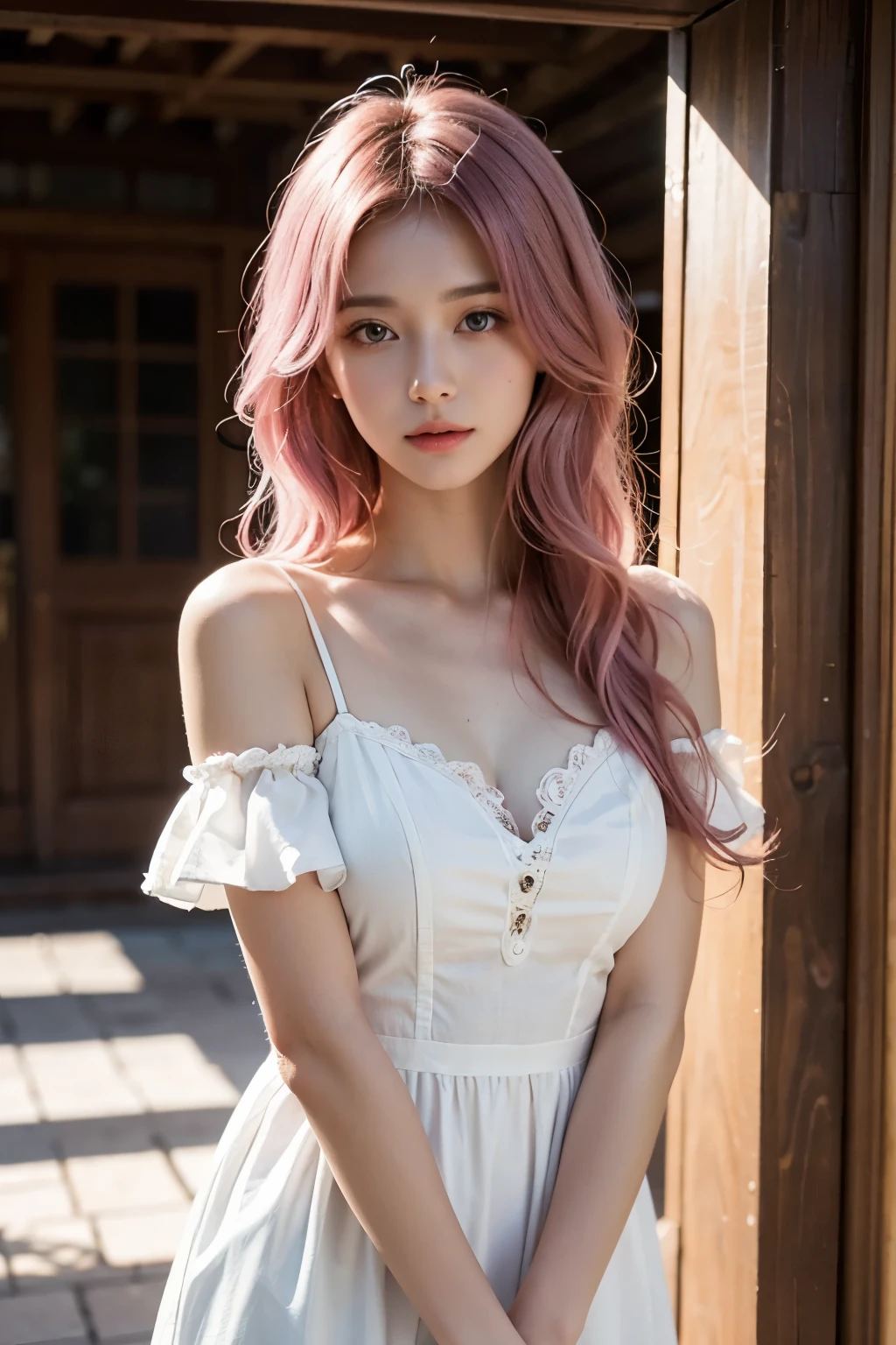 A 22-year-old beautiful Asian girl with light pink hair, ultra quality, bright green eyes with a high level of details, beautiful & girly, idol, facial, (8k, RAW photo, best quality, masterpiece:1.2), ultra-detailed, ultra high res, (realistic, photo realistic:1.2), high detail RAW color photo, professional photograph, depth of field, an extremely delicate and beautiful, extremely detailed, 8k wallpaper, moist skin, the background is city with buildings at Twilight, Neo, flat lighting, film grain, dslr, 800mm lens